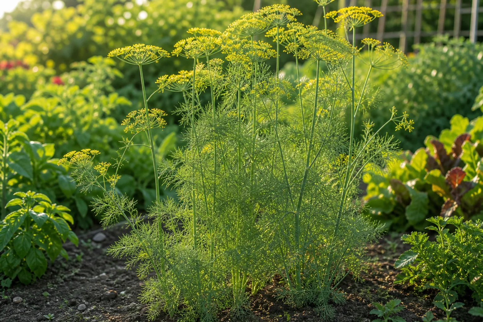 Dill flowering in a sunny natural herb garden bed