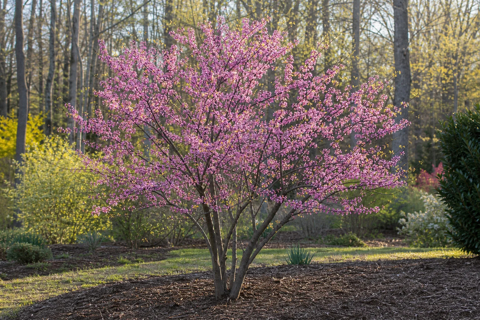 Pink Eastern Redbud flowering in a sunny spring landscape garden