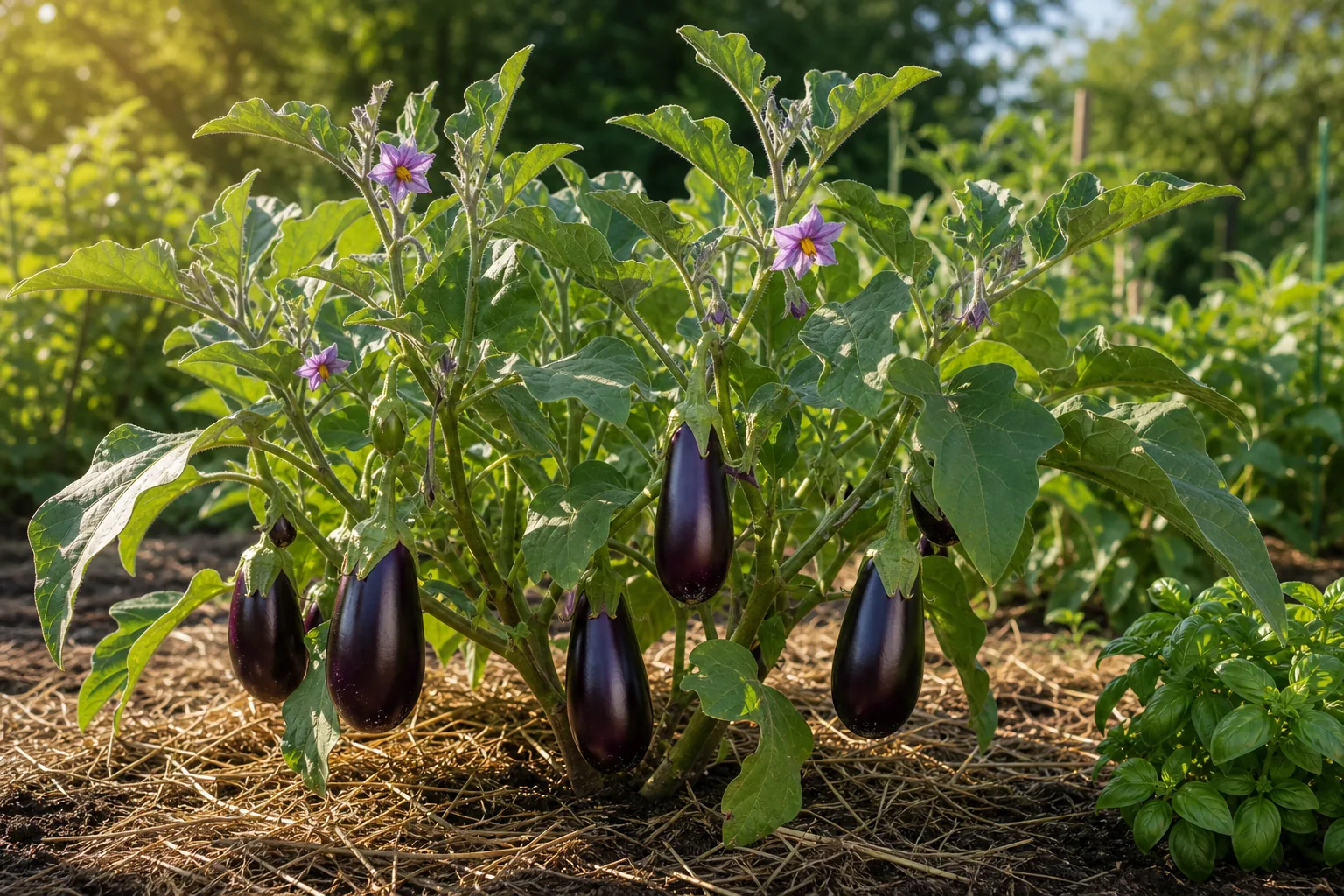 Eggplant plants bearing purple fruit in a sunny kitchen garden bed