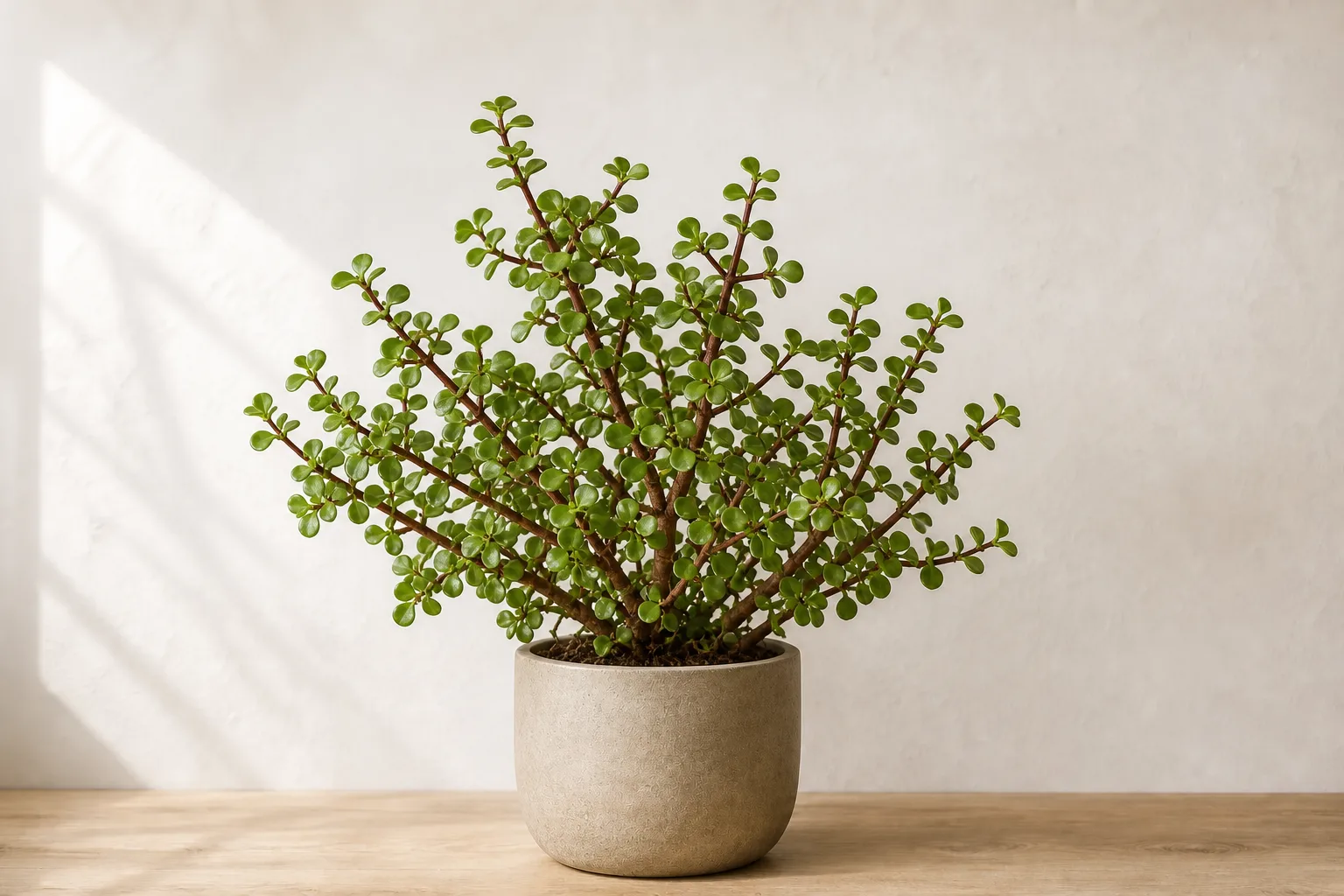 Elephant Bush in a warm stone ceramic pot against an off-white wall
