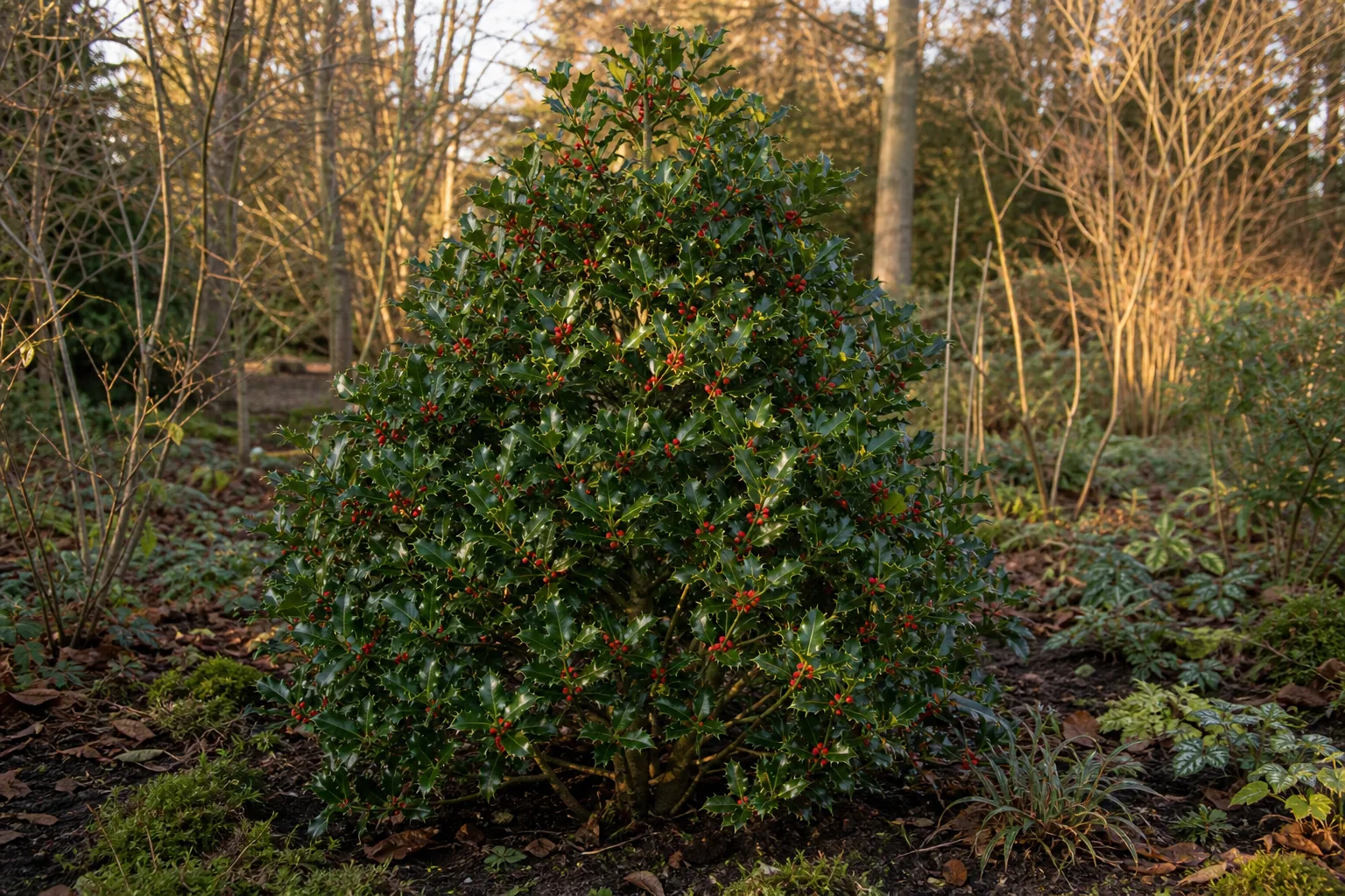 English Holly bearing red berries in a natural winter garden bed