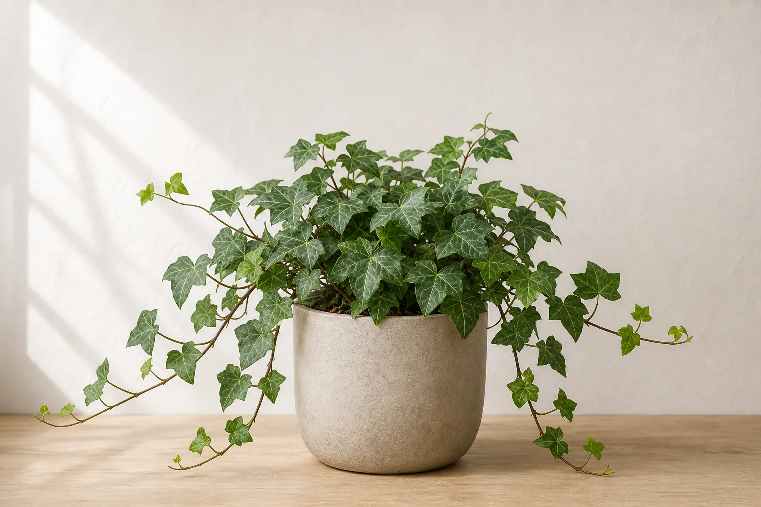 Trailing English ivy foliage that can shed leaves after abrupt indoor environmental changes
