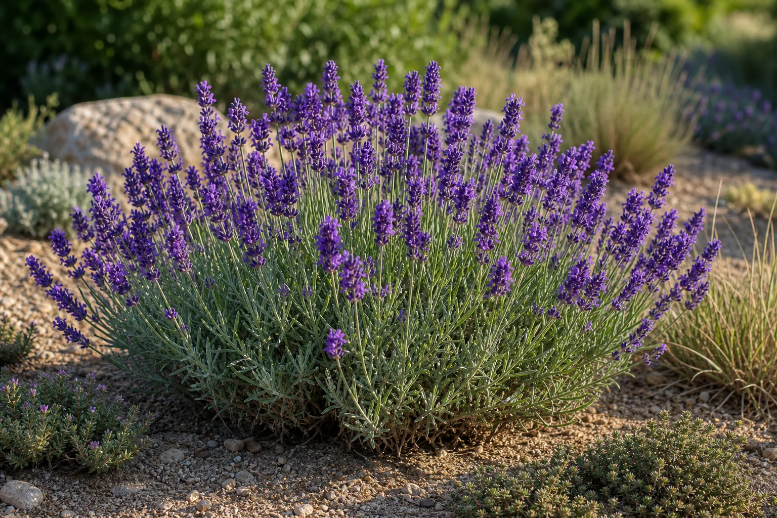 Purple English Lavender flowering in a dry sunny garden bed