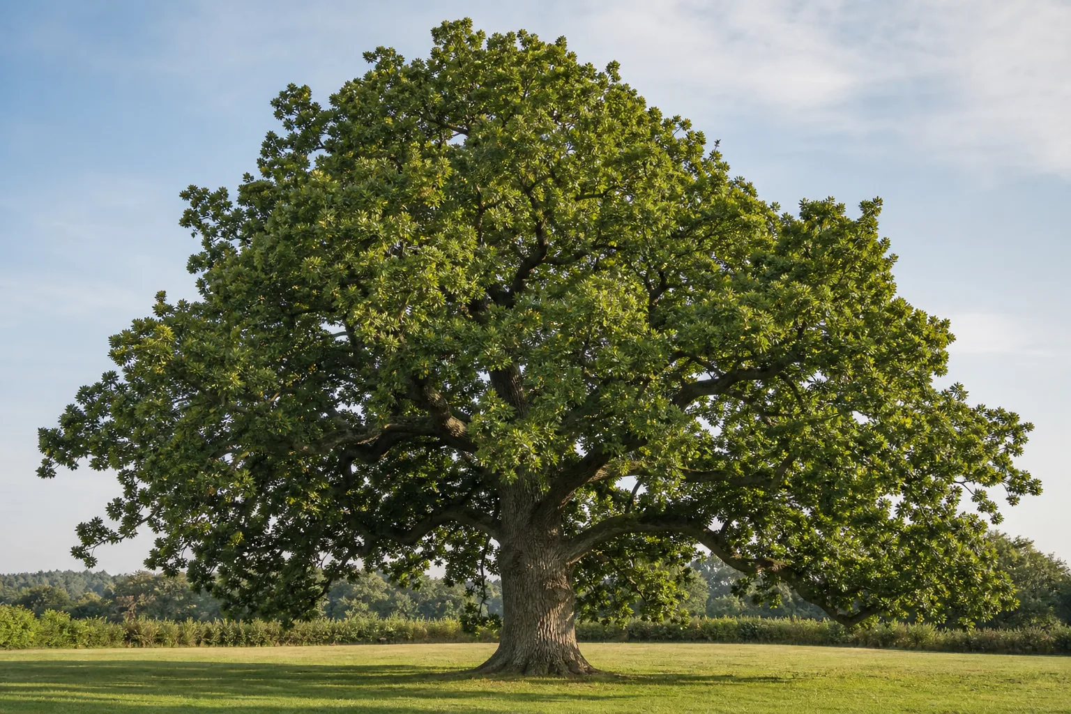 English Oak growing as a broad mature tree in a spacious landscape garden