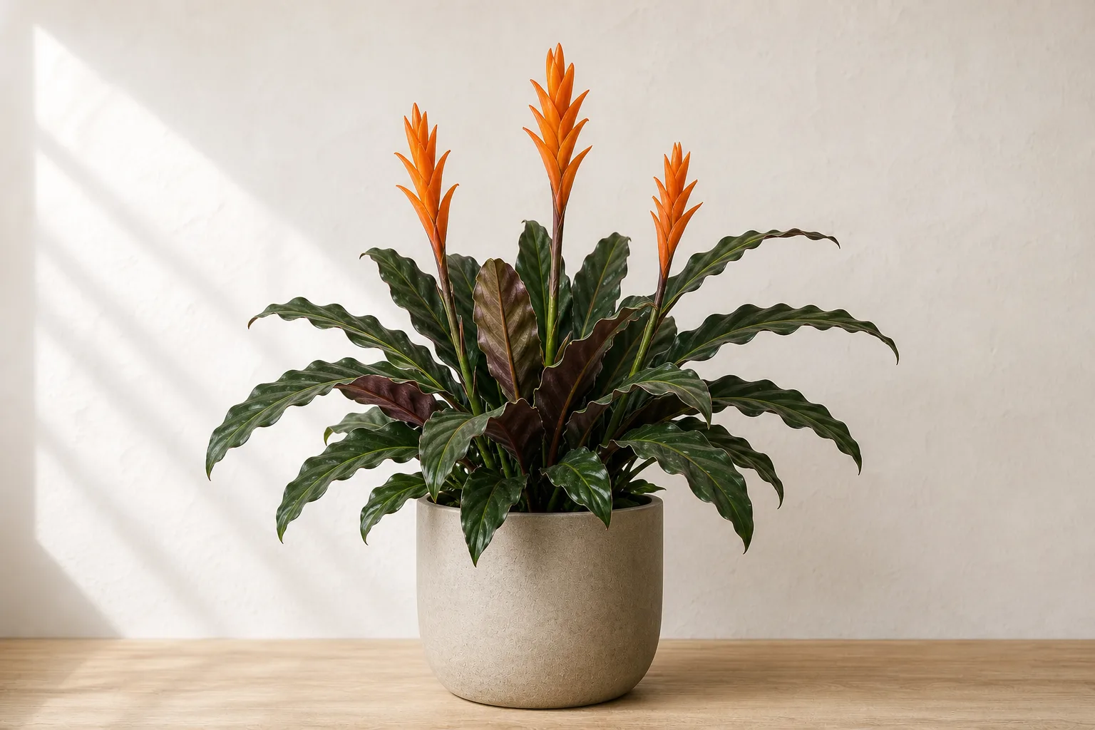 Eternal Flame in a warm stone ceramic pot against an off-white wall