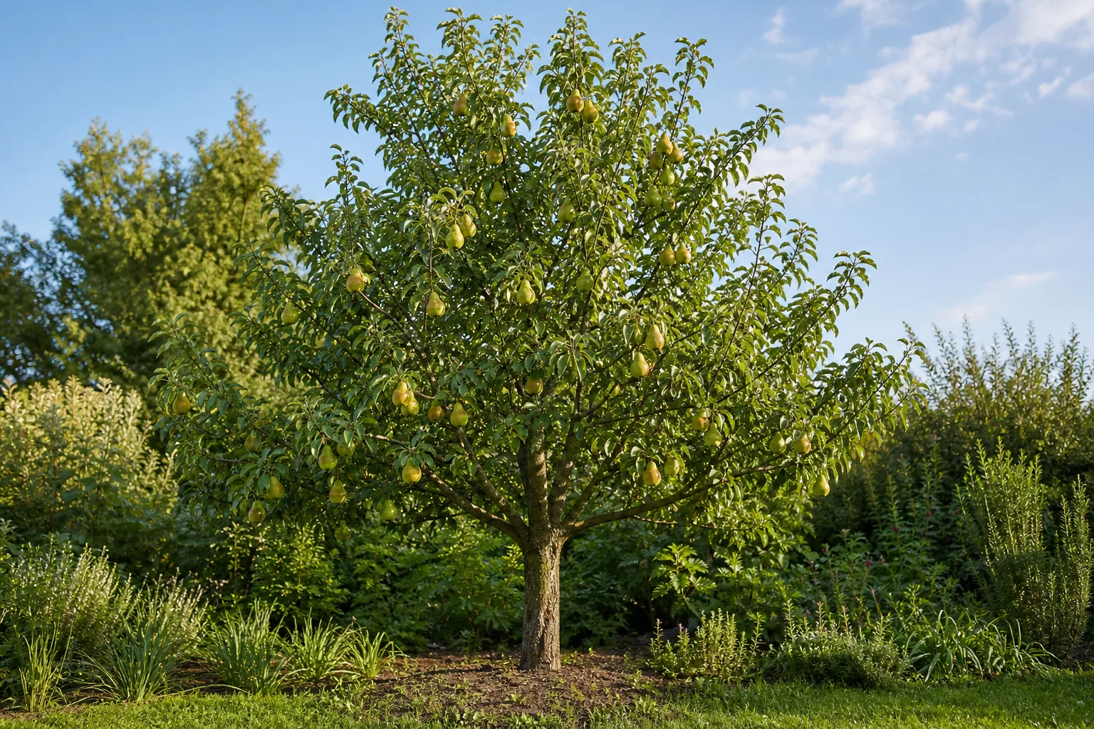 European Pear tree bearing green-gold fruit in a sunny home orchard garden