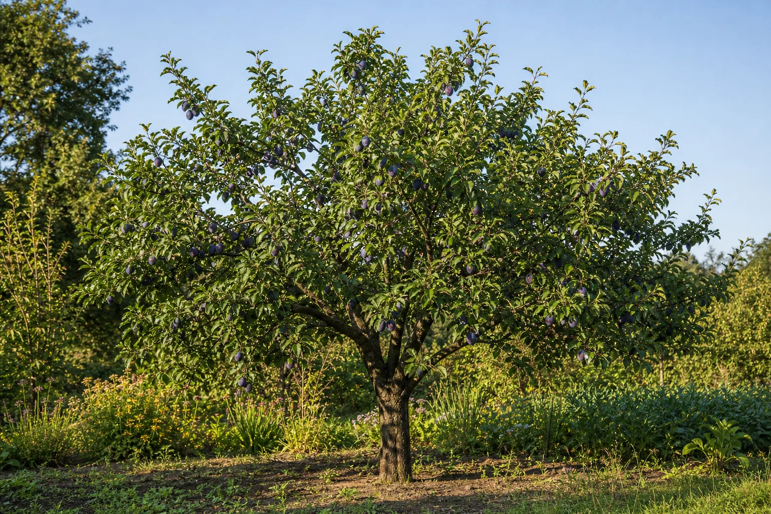 European Plum tree bearing purple fruit in a sunny home orchard garden
