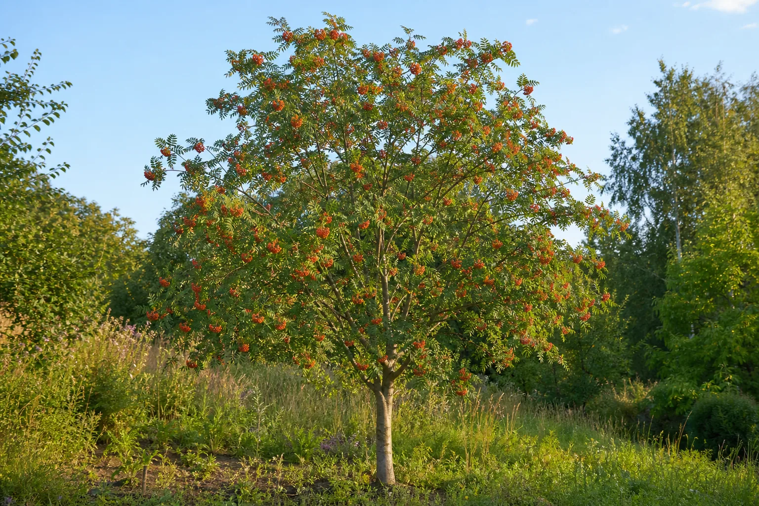 European Rowan bearing orange-red berry clusters in a sunny garden