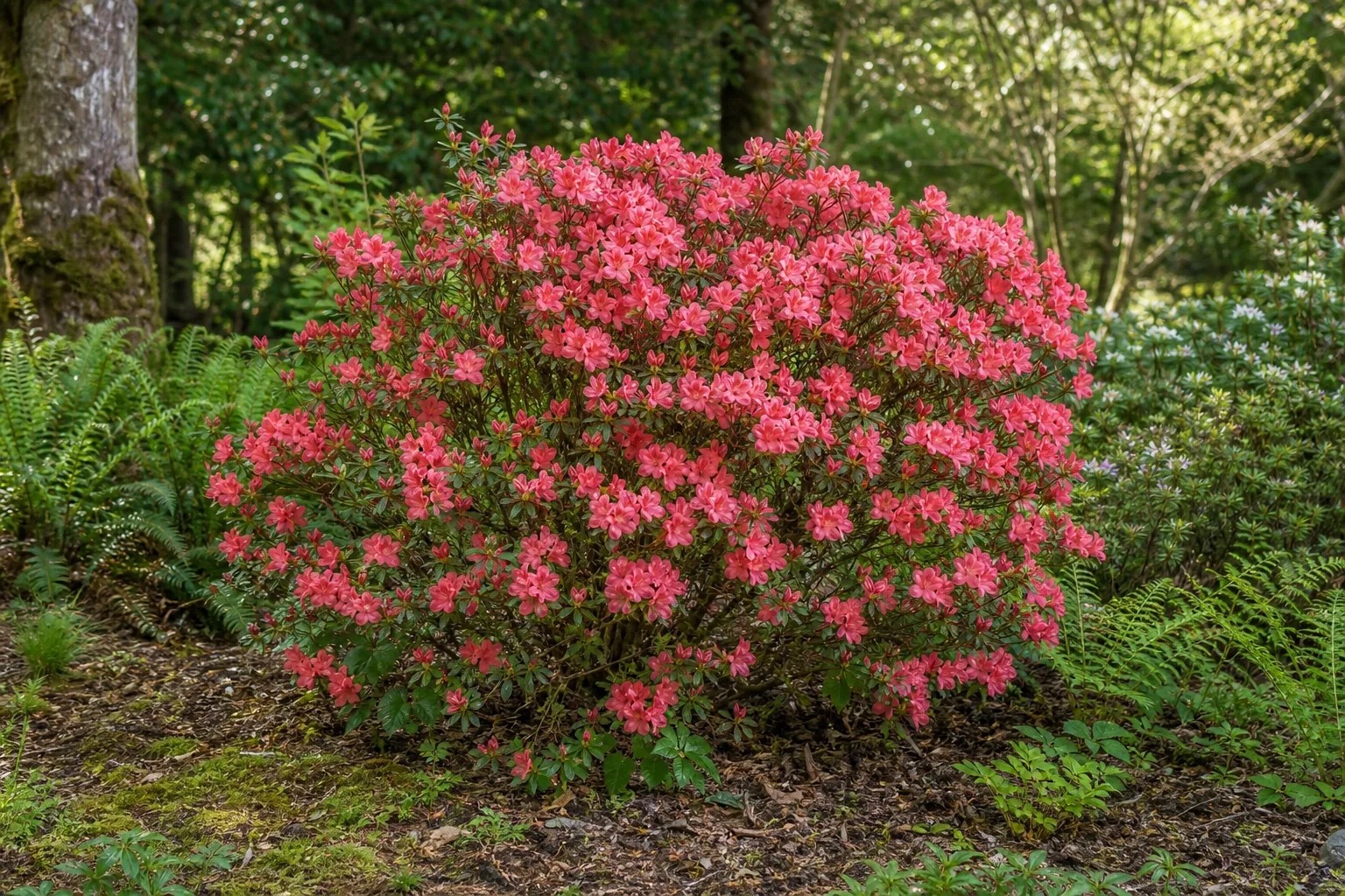 Pink Evergreen Azalea flowering in a woodland-edge garden bed
