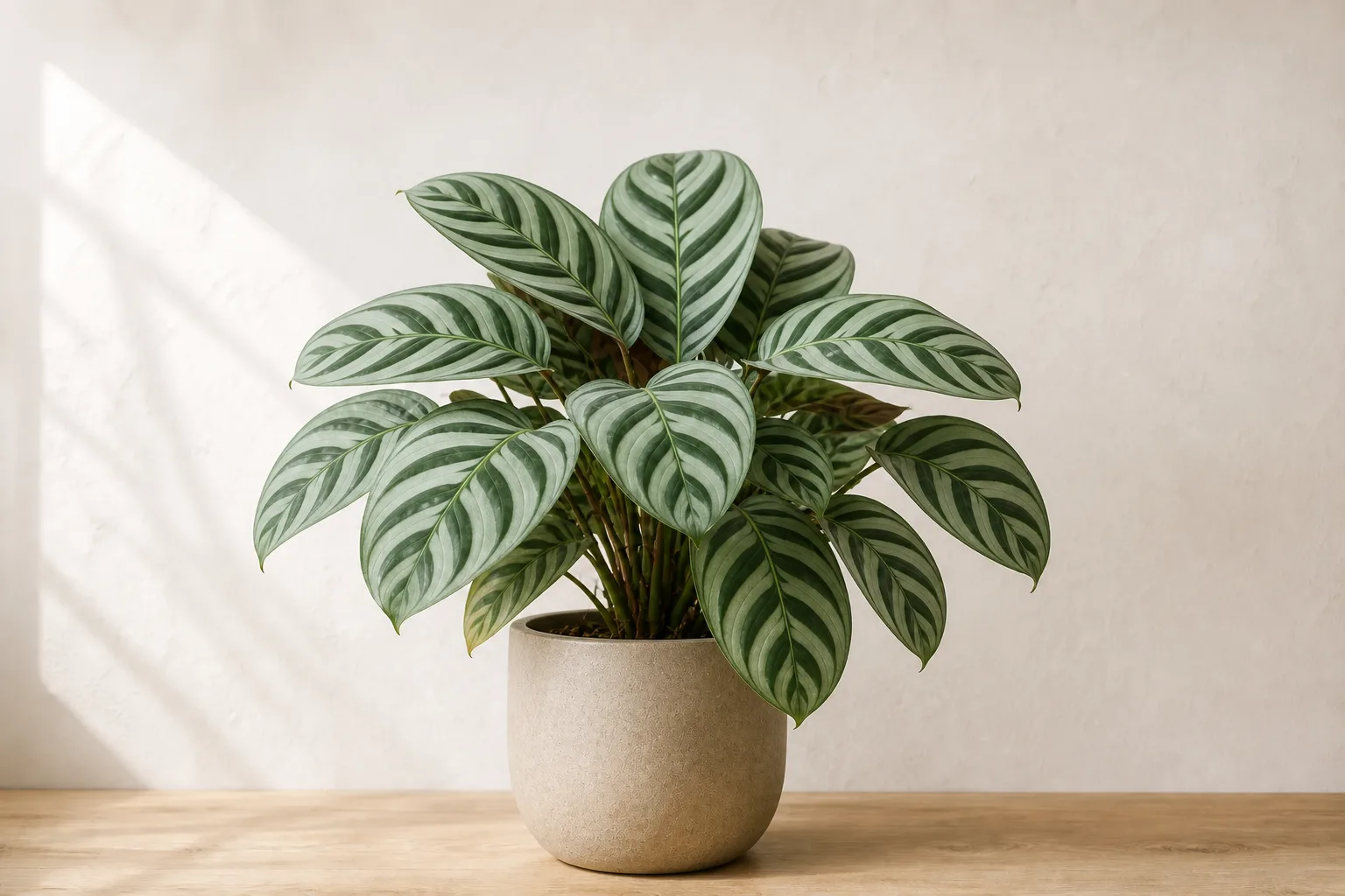 Fishbone Prayer Plant in a warm stone ceramic pot against an off-white wall