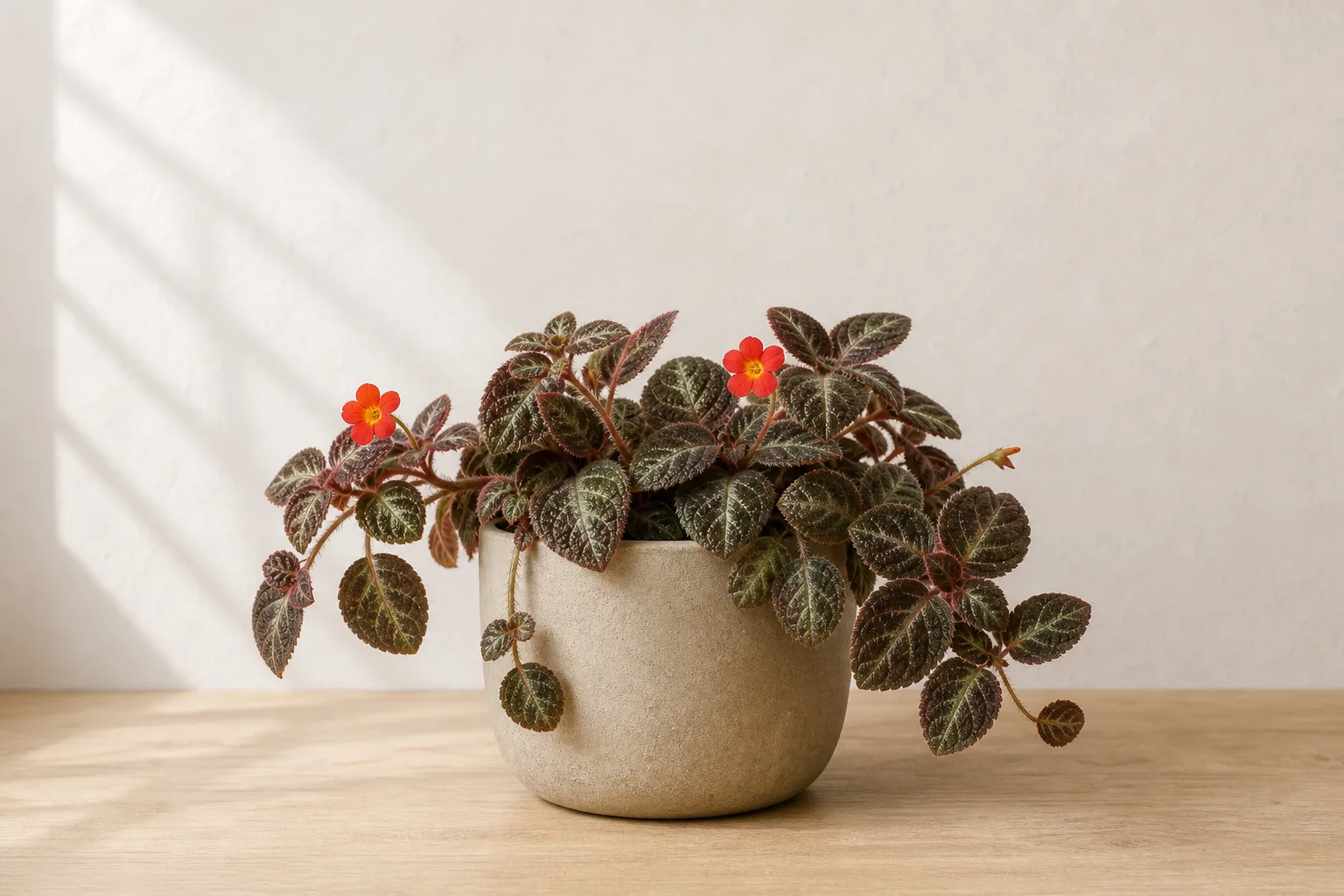 Flame Violet in a warm stone ceramic pot against an off-white wall