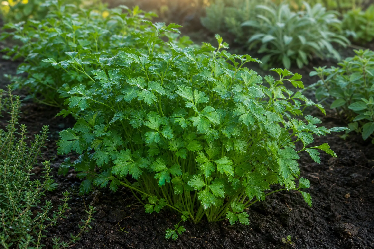 Flat-leaf Parsley growing in a cool-season herb garden bed
