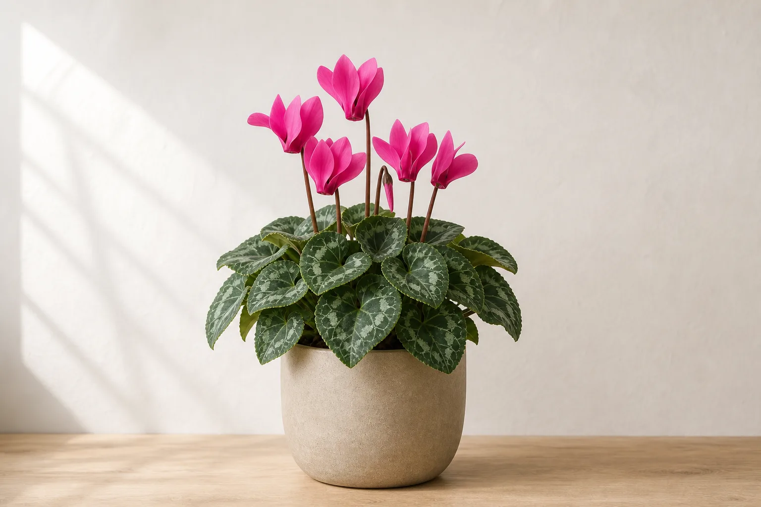 Florist cyclamen leaves and crown that can wilt when roots remain saturated or damaged