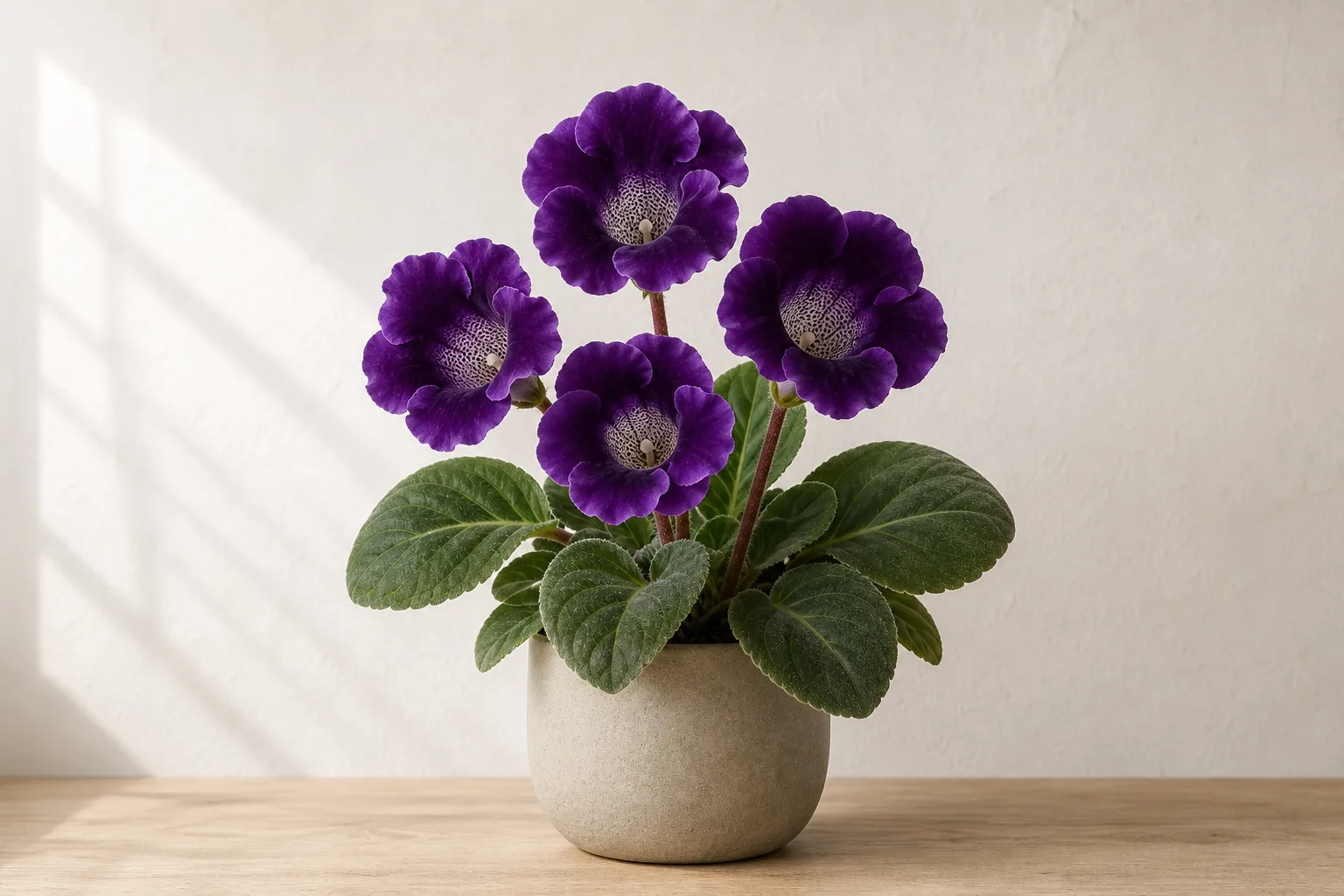 Florist Gloxinia in a warm stone ceramic pot against an off-white wall