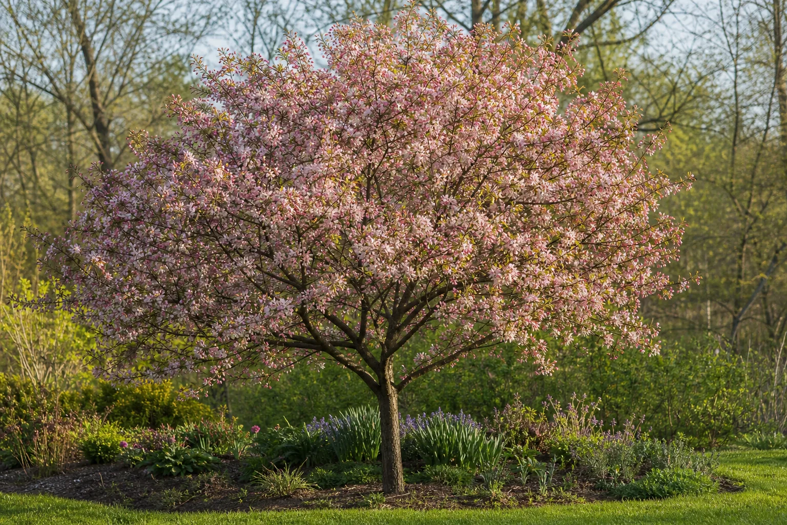 Pink-and-white Flowering Crabapple blooming in a sunny spring garden