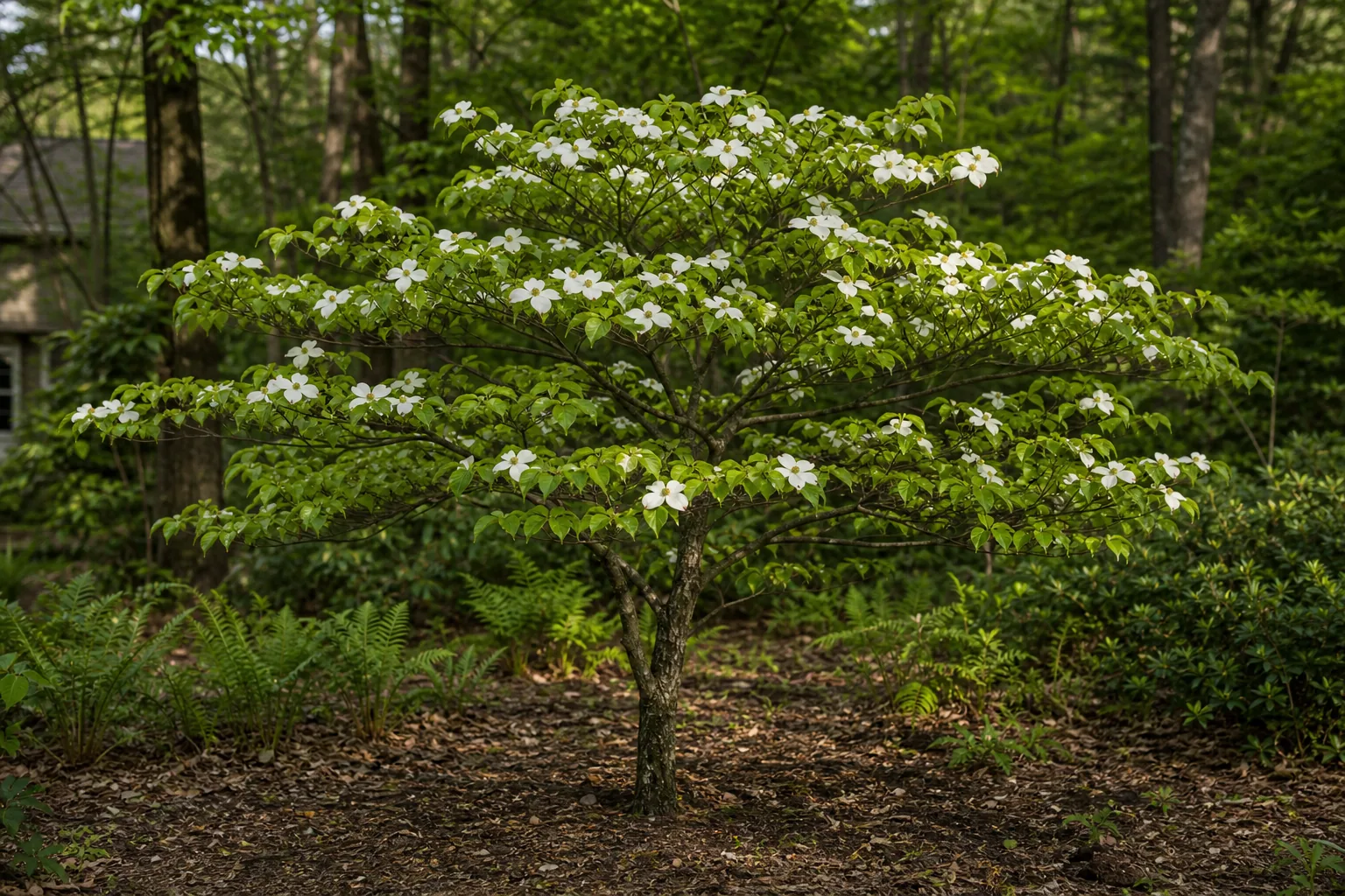 White Flowering Dogwood blooming in a softly shaded woodland-edge garden