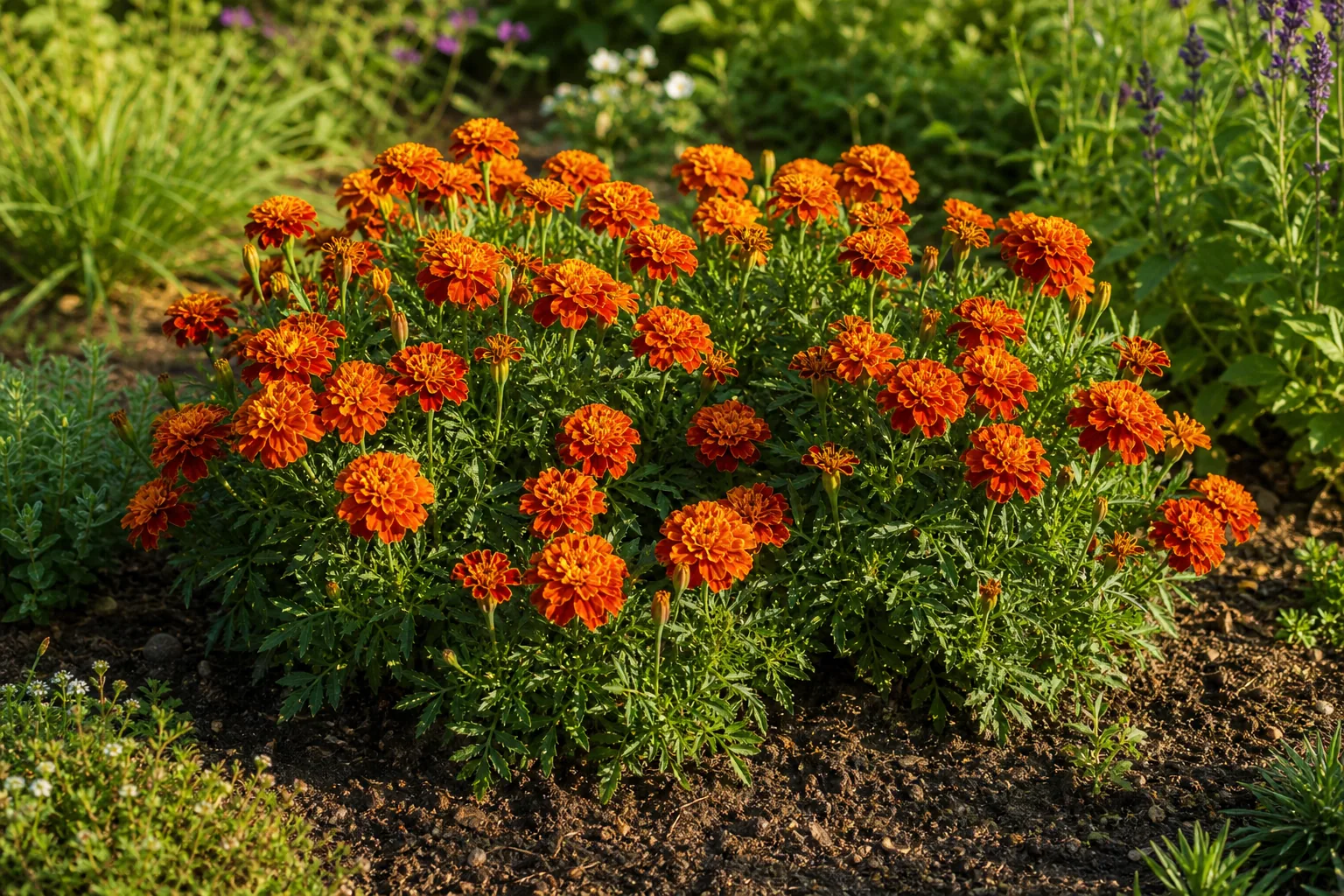 Orange French Marigolds flowering in a sunny natural garden bed