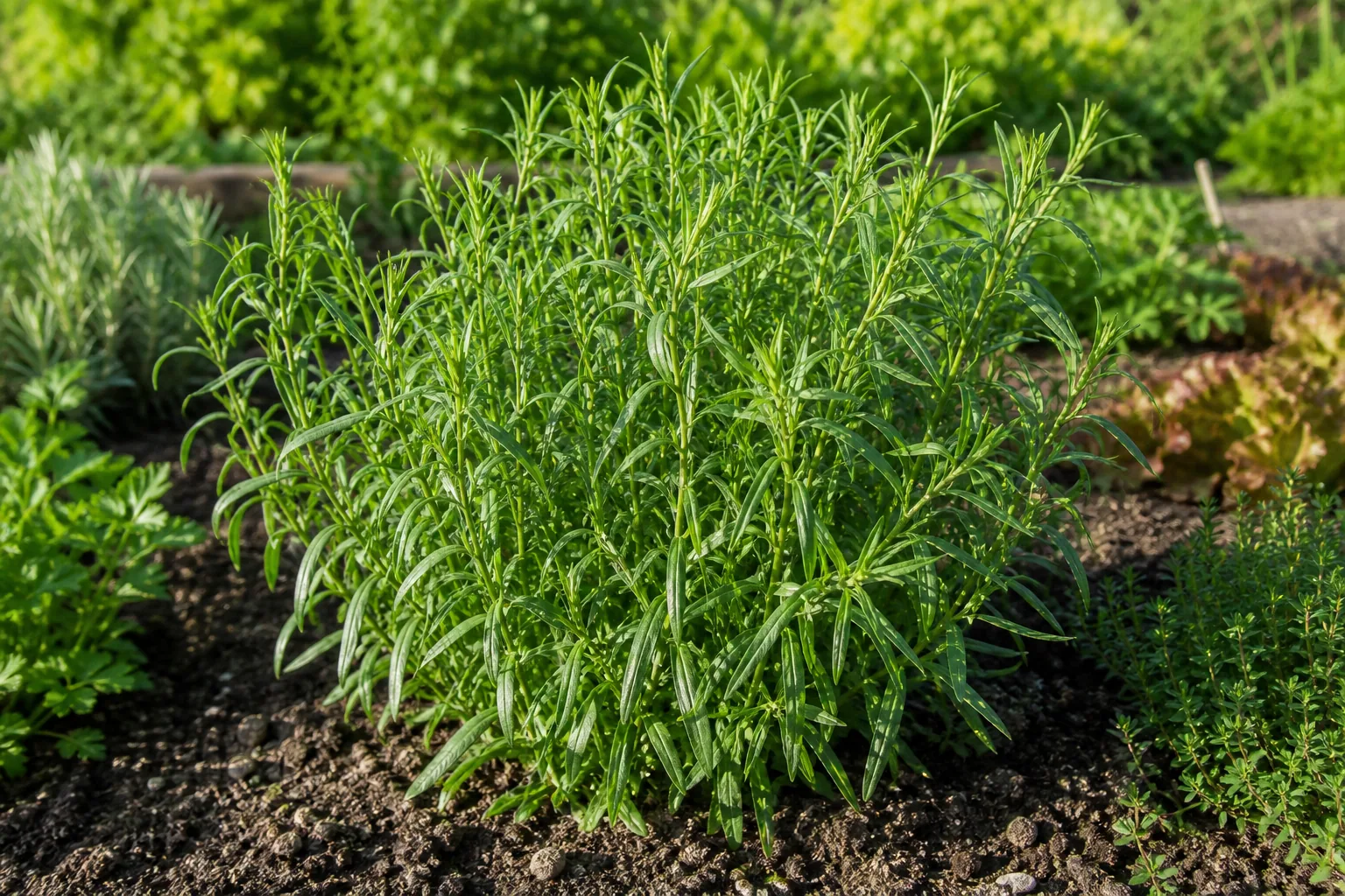 French Tarragon growing in a sunny natural herb garden bed