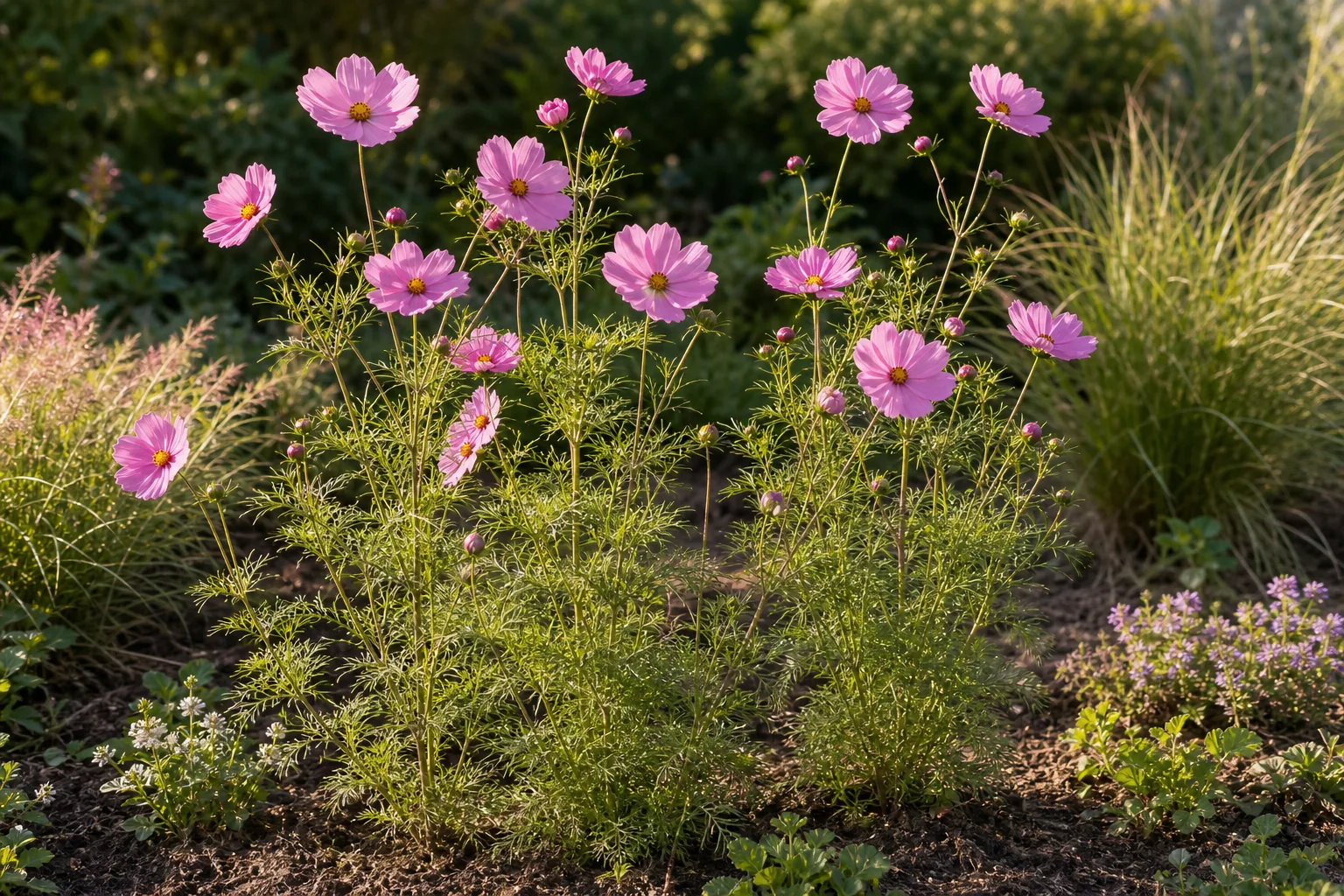 Pink Garden Cosmos flowers growing in an airy sunny garden bed