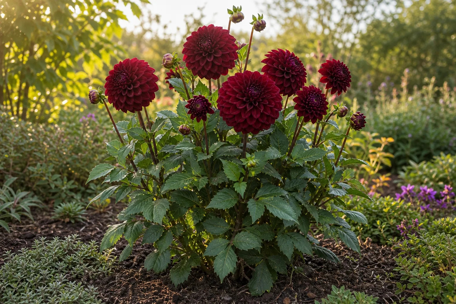 Deep red Garden Dahlia flowers growing in a sunny garden bed