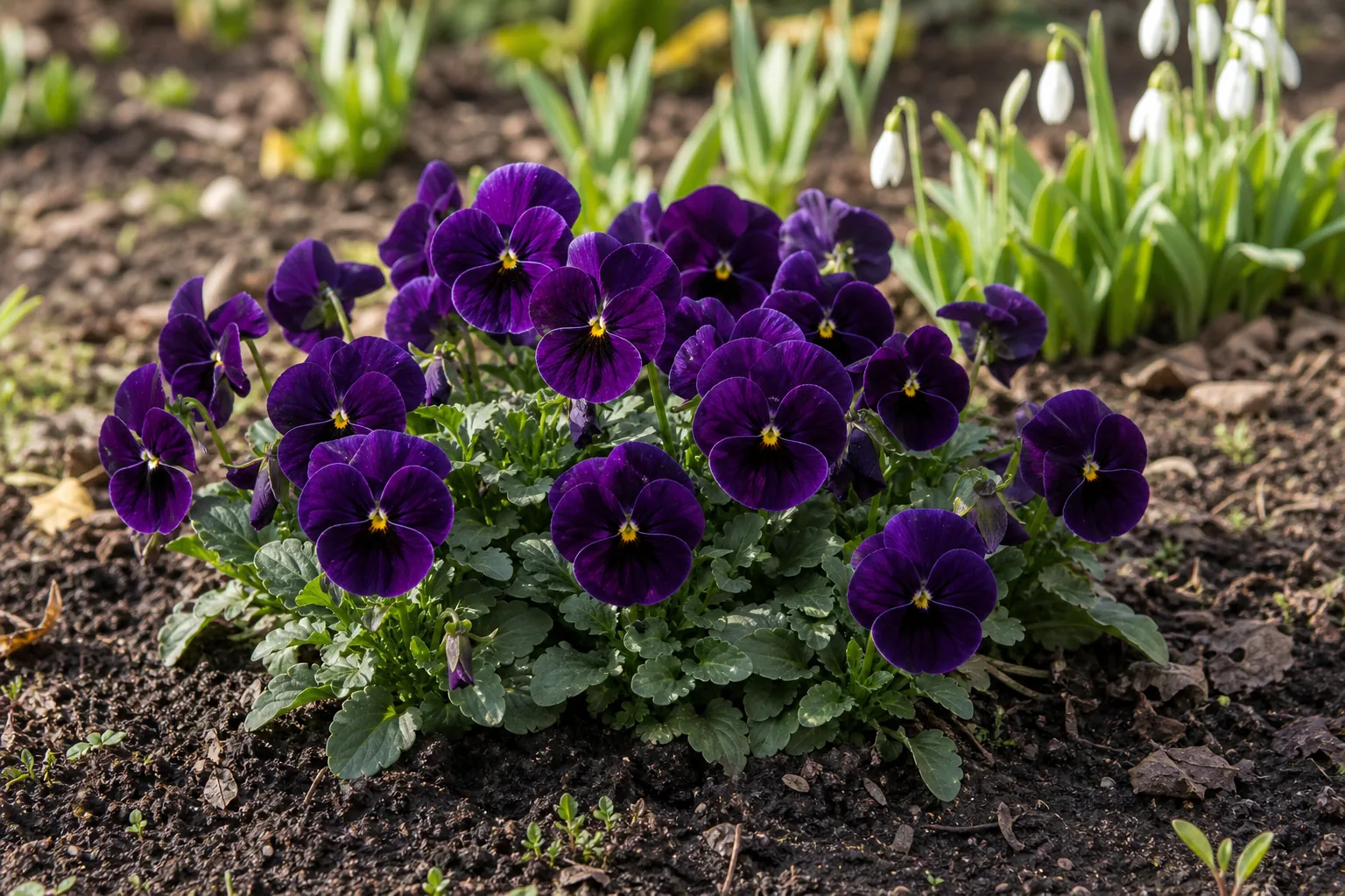 Purple-and-yellow Garden Pansy flowers in a cool-season garden bed