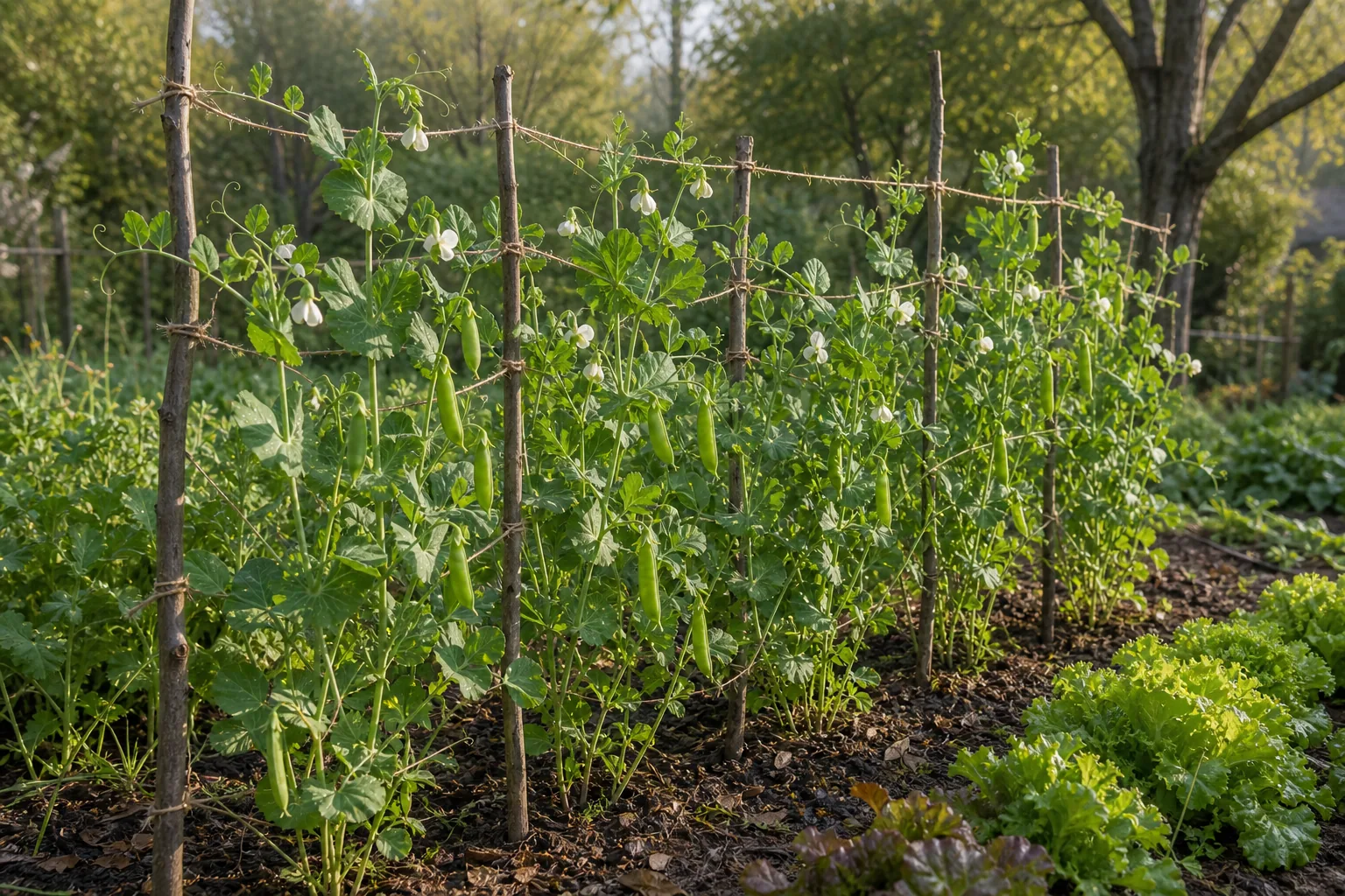 Garden Pea vines bearing green pods on a simple trellis in a kitchen garden bed