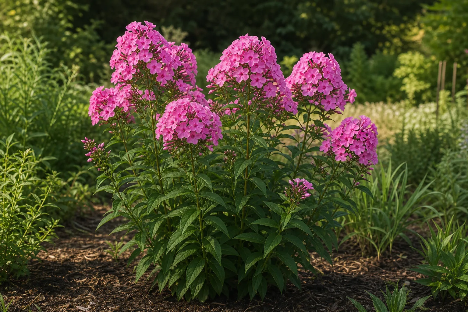 Pink Garden Phlox flower clusters growing in a sunny natural perennial border
