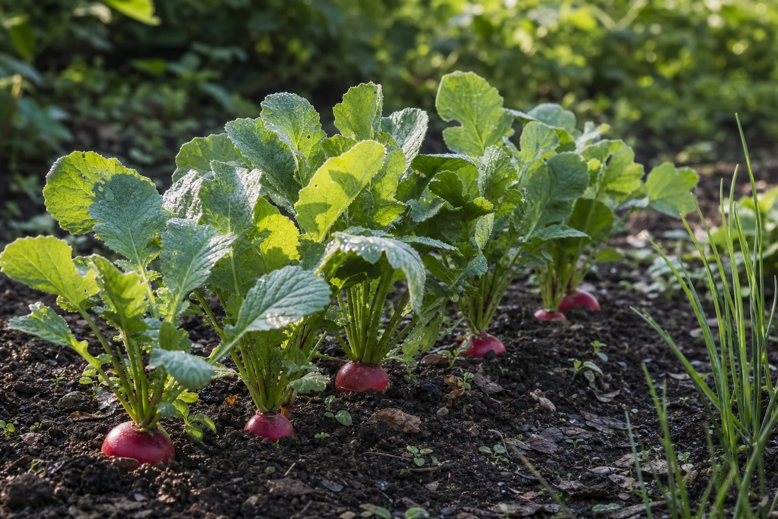 Red Garden Radish roots and foliage growing in a natural kitchen garden bed