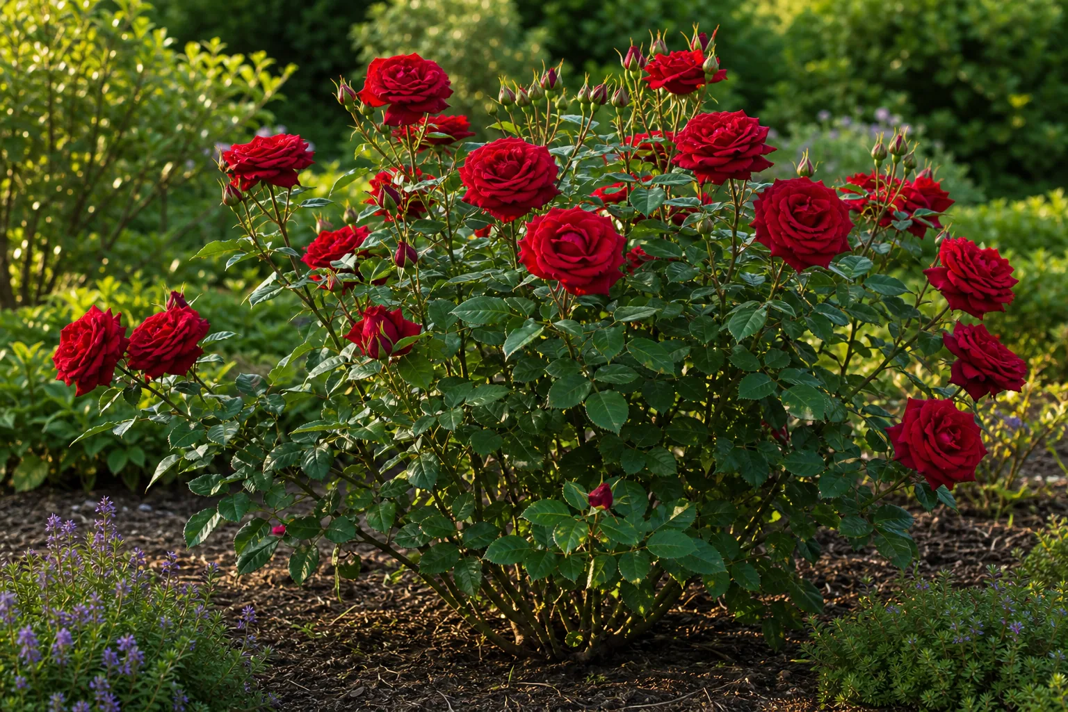 Deep red Garden Rose flowers growing in a sunny garden bed