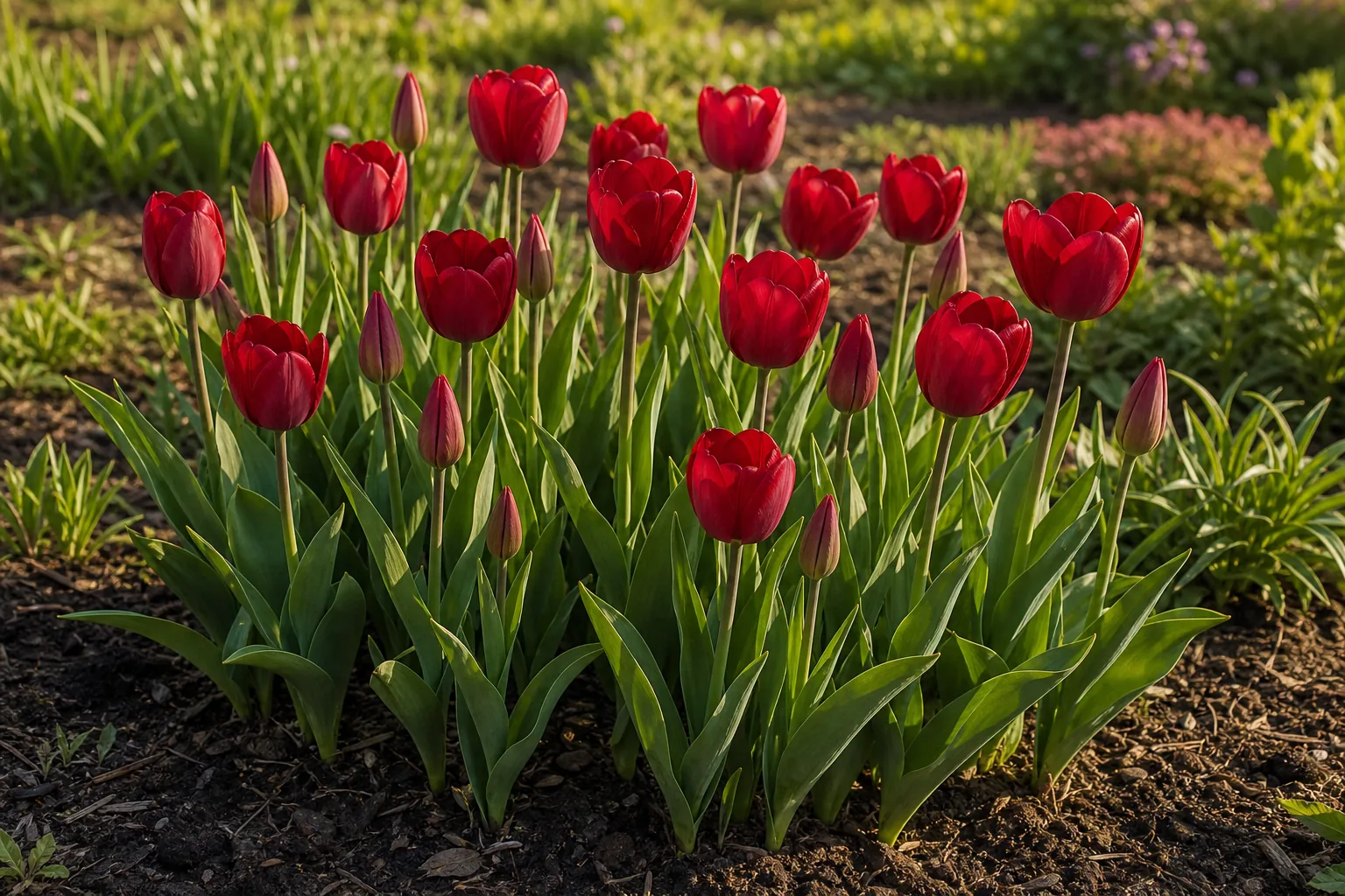 Red Garden Tulip flowers growing in a sunny spring garden bed