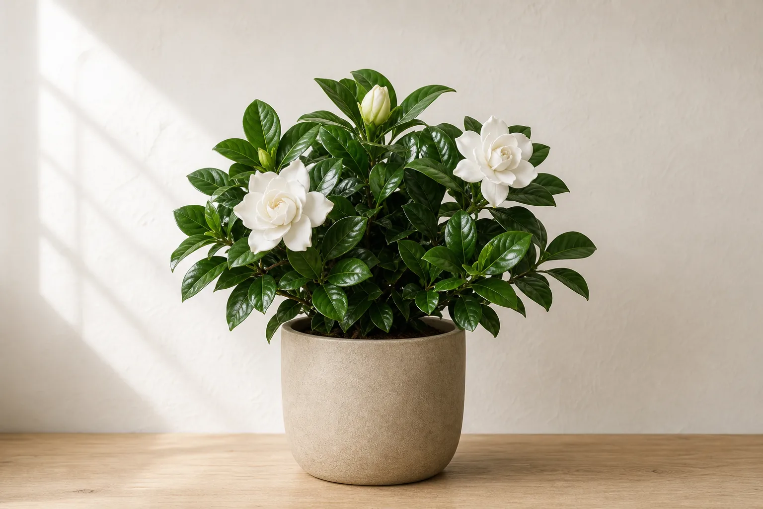 Gardenia in a warm stone ceramic pot against an off-white wall