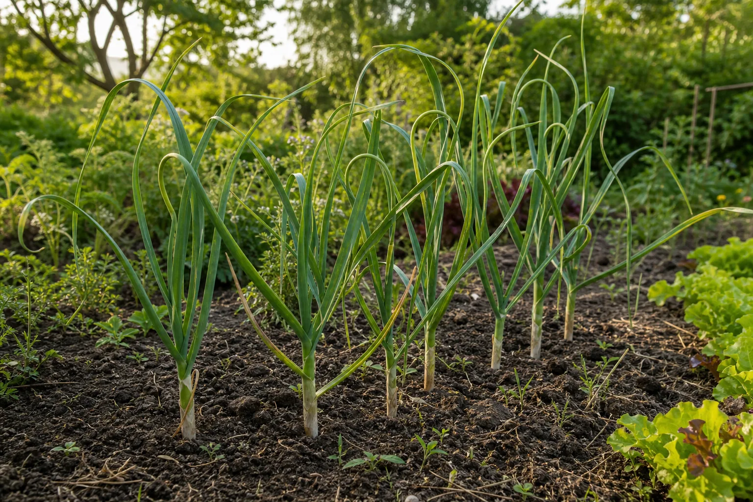 Garlic plants growing in rows in a natural kitchen garden bed
