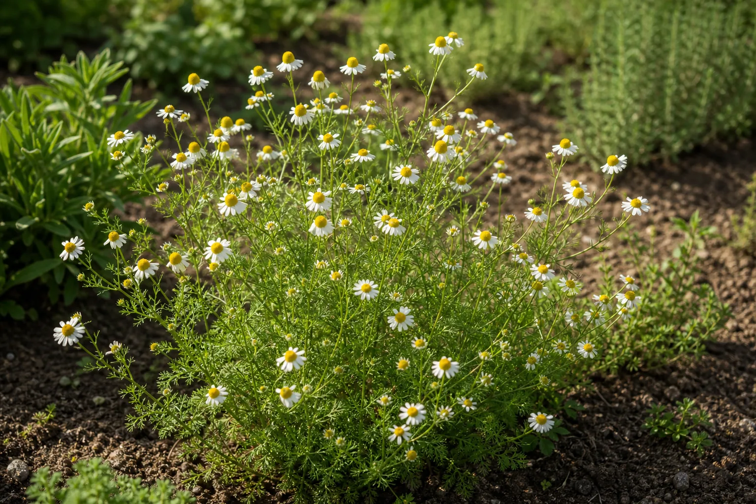 German Chamomile flowering in a sunny natural herb garden bed