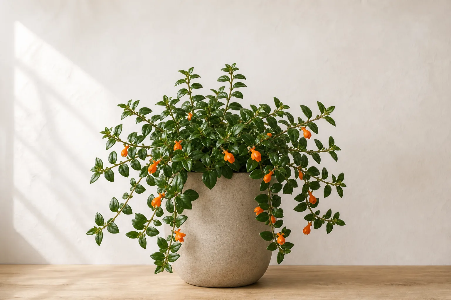 Goldfish Plant in a warm stone ceramic pot against an off-white wall