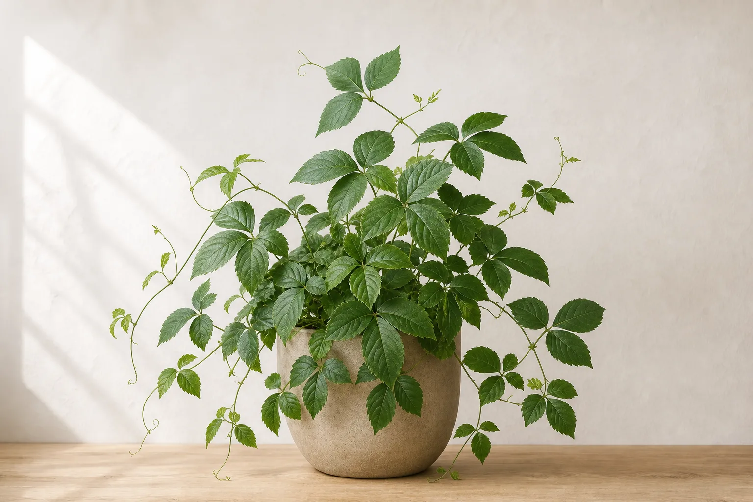 Grape Ivy in a warm stone ceramic pot against an off-white wall