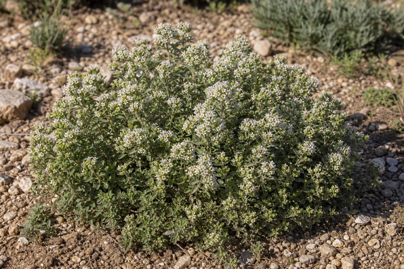 Greek Oregano flowering in a dry sunny herb garden bed
