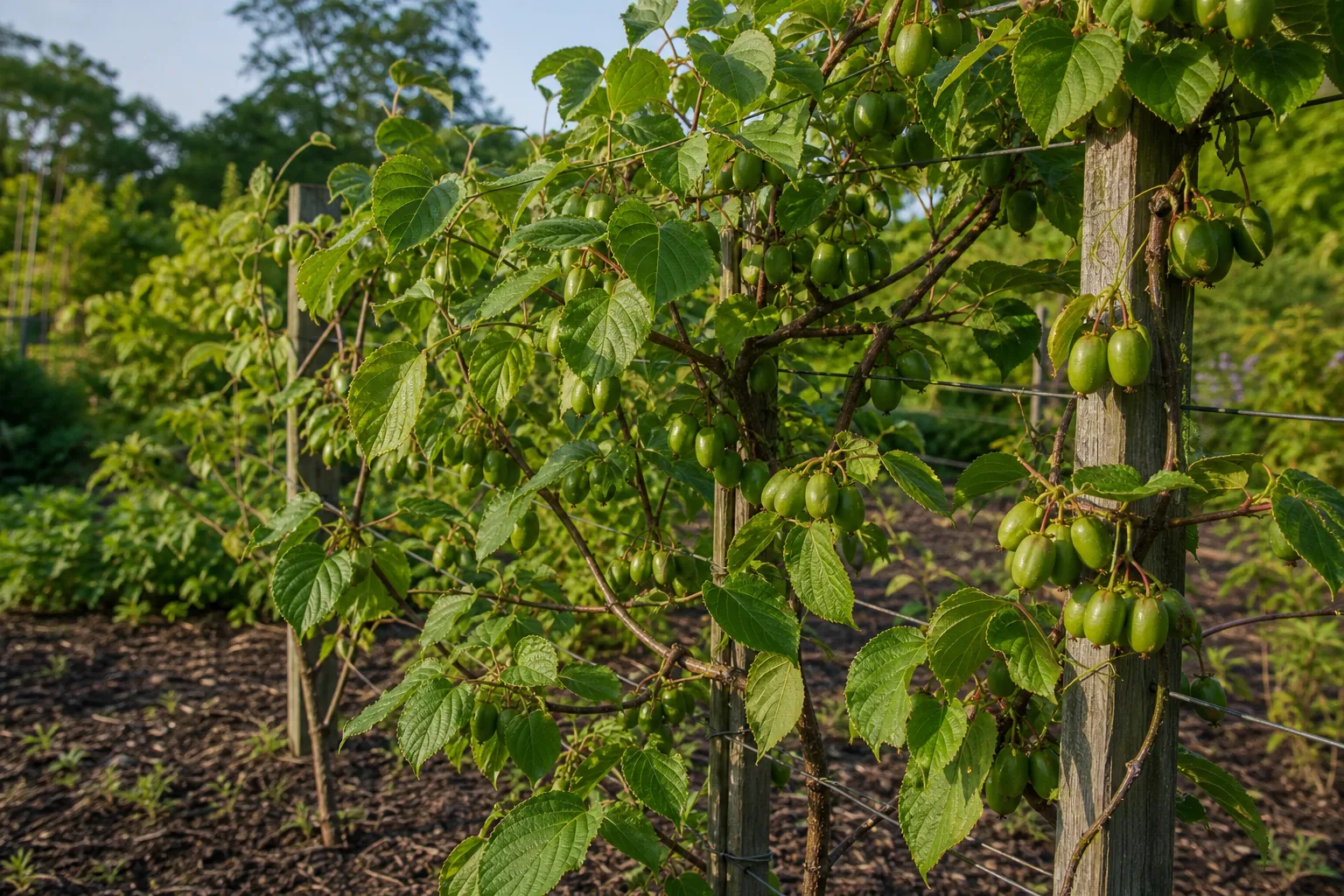 Hardy Kiwi vines bearing green fruit on a sturdy garden trellis