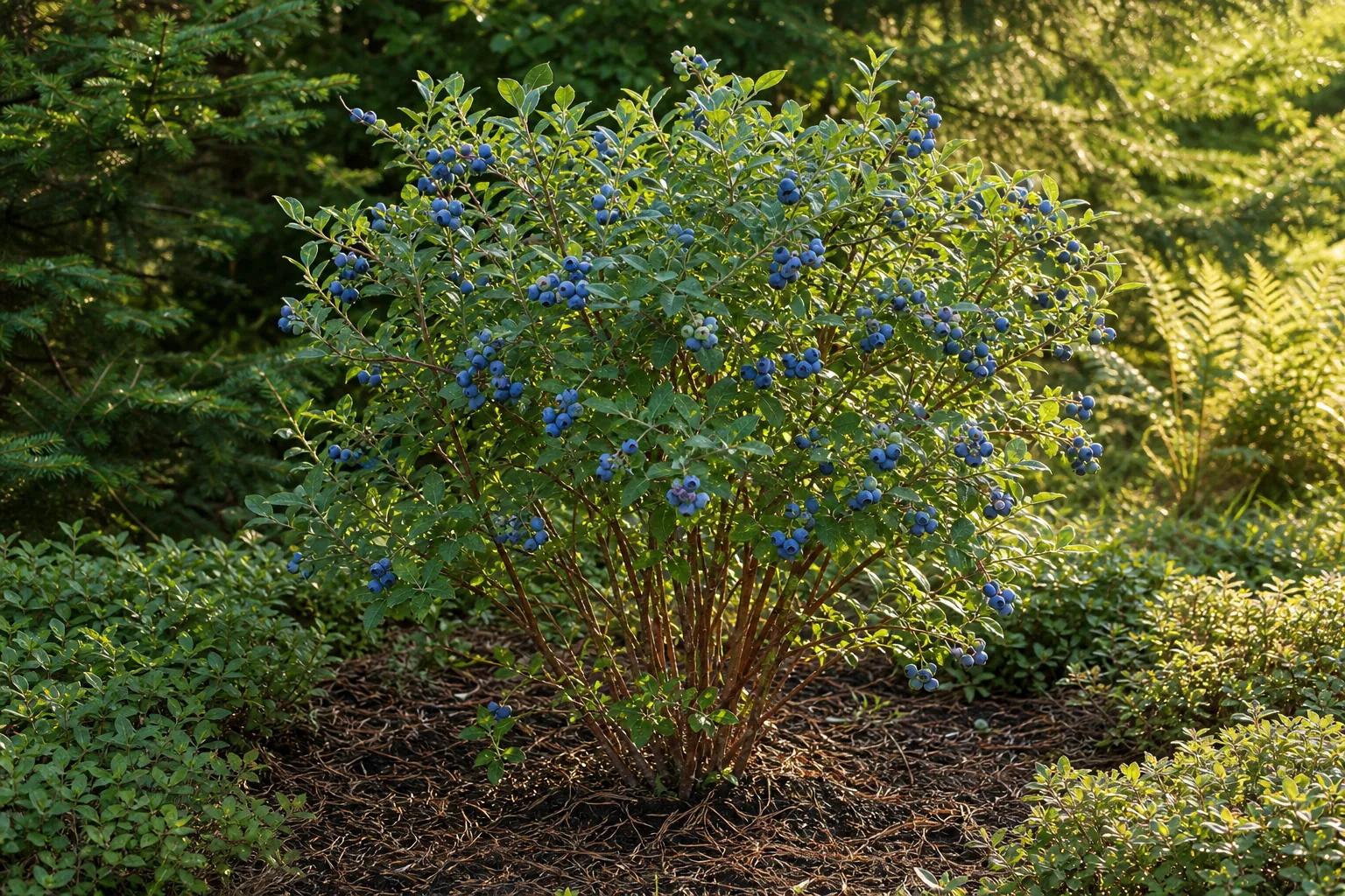 Highbush Blueberry bearing blue fruit in an acidic garden bed