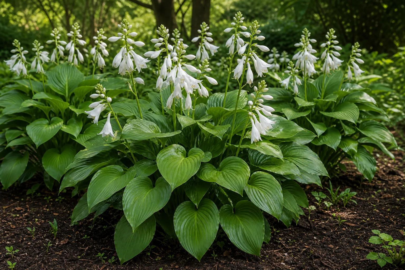 White Hosta flowers rising above broad foliage in a shaded garden bed