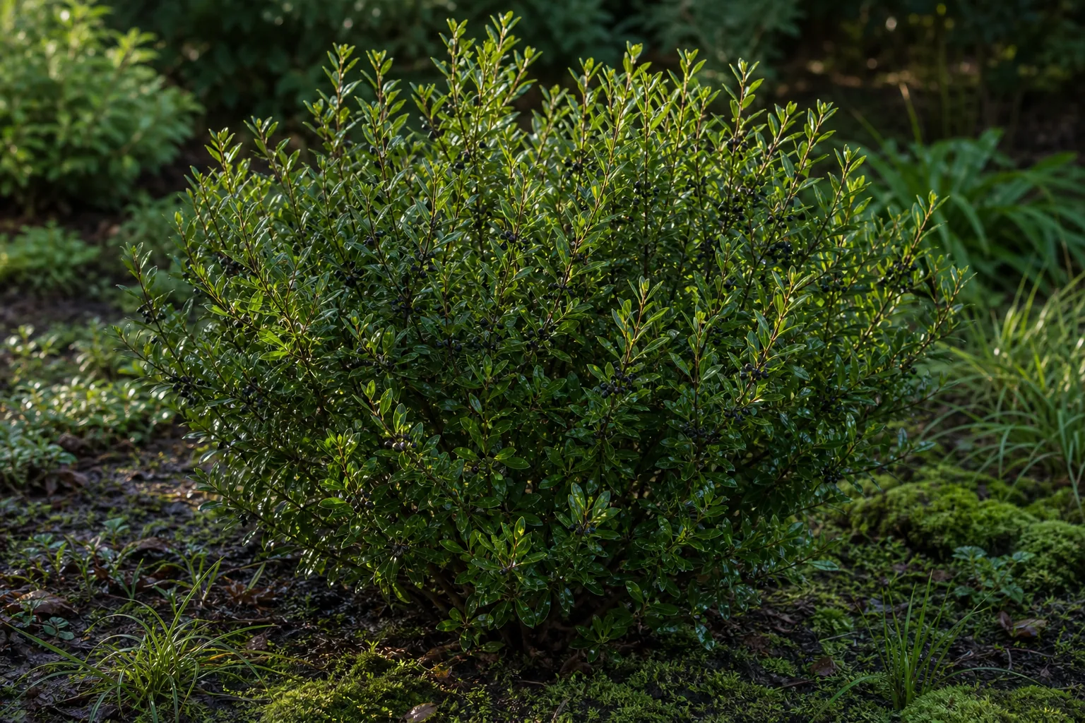 Inkberry Holly bearing black fruit in a moist natural garden bed