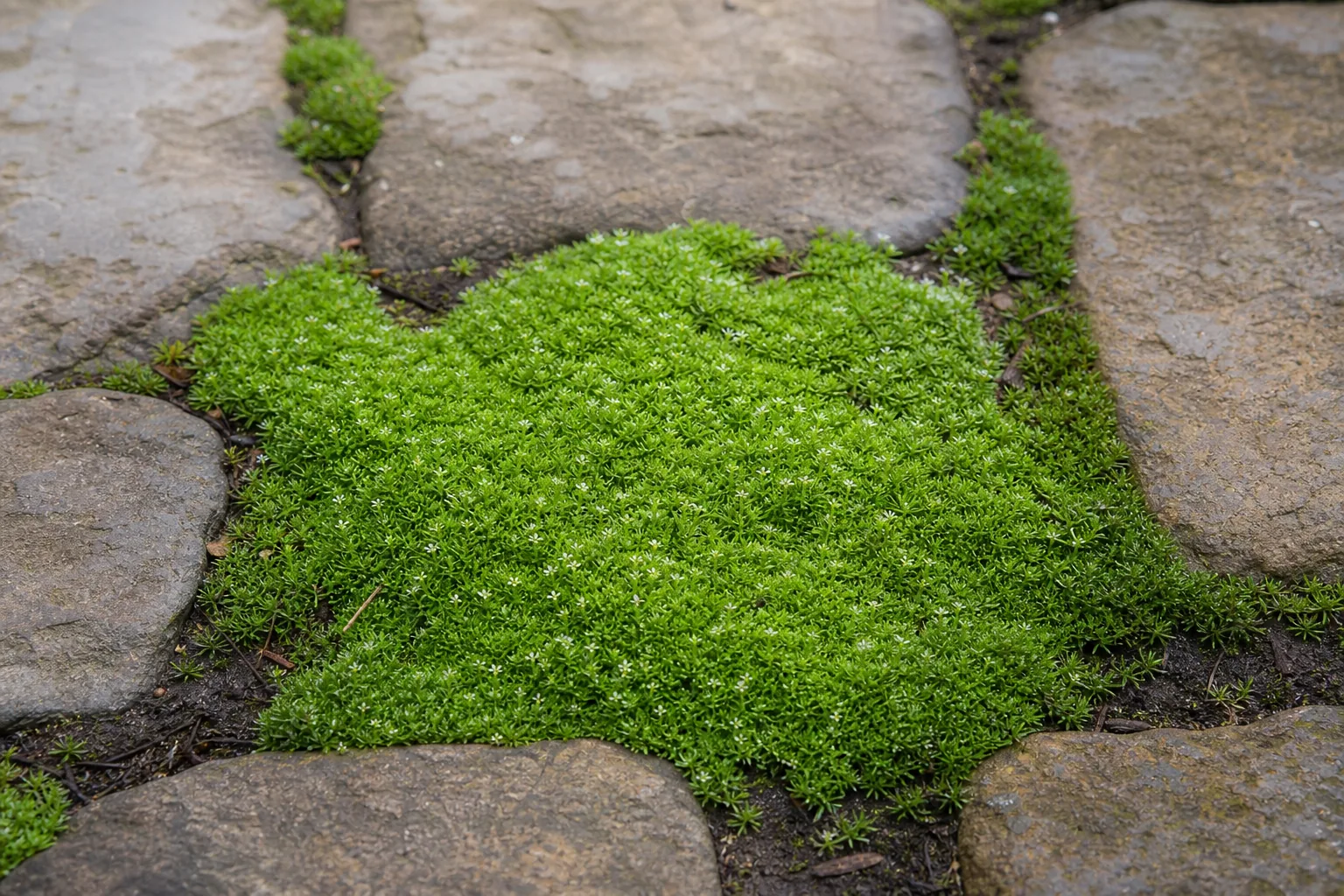 Irish Moss forming a dense green mat between garden stones