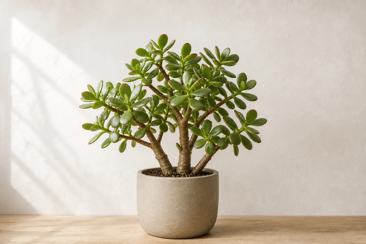 Branched jade plant with leaf joints and stem crevices where mealybugs can hide