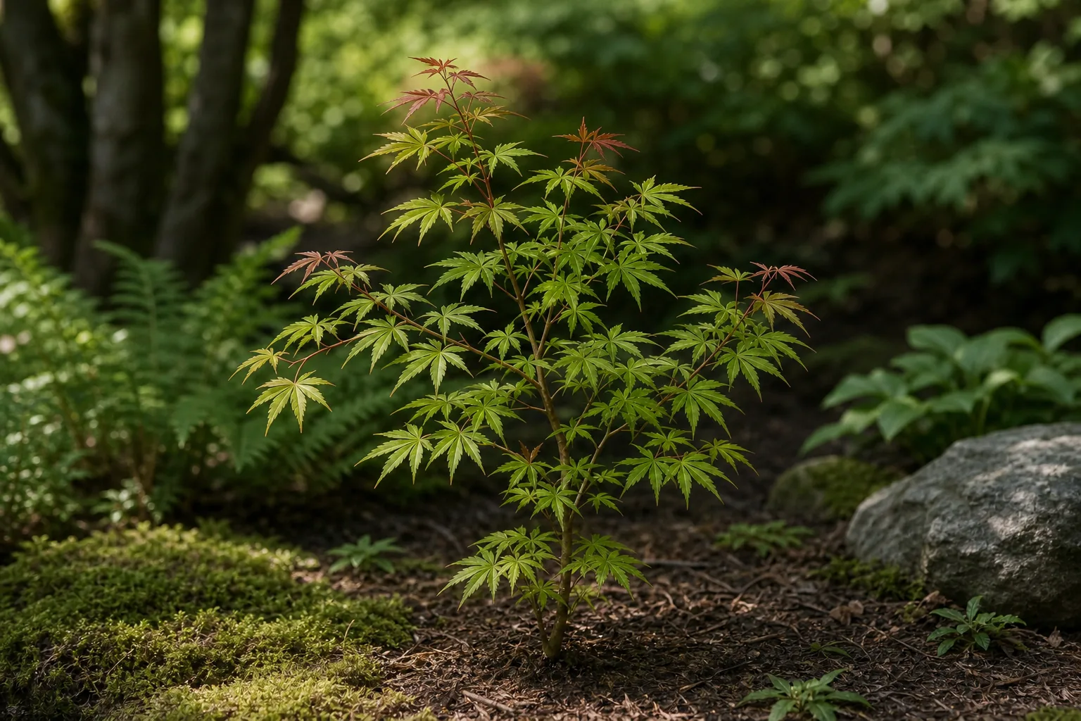 Japanese Maple growing in a softly shaded landscape garden