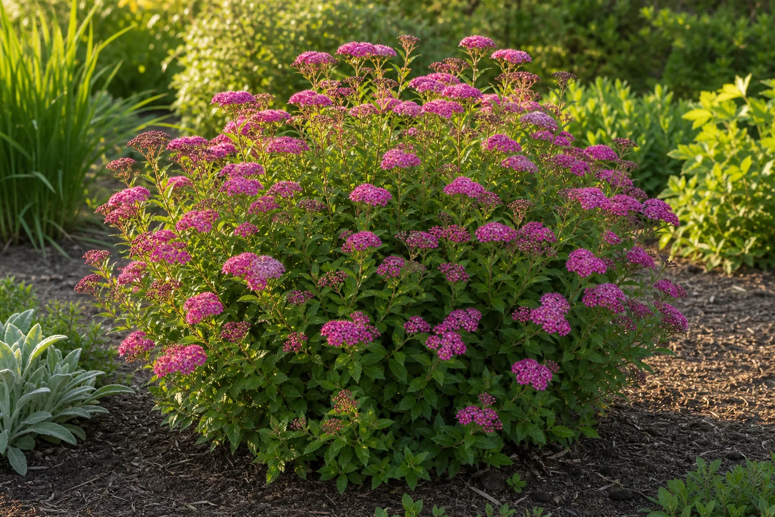Pink Japanese Spirea flower clusters growing in a sunny garden bed