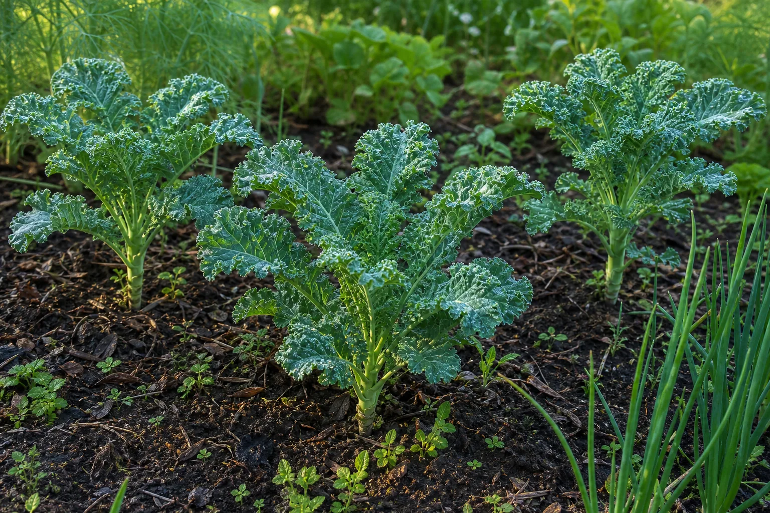 Green Kale plants growing in a cool-season kitchen garden bed