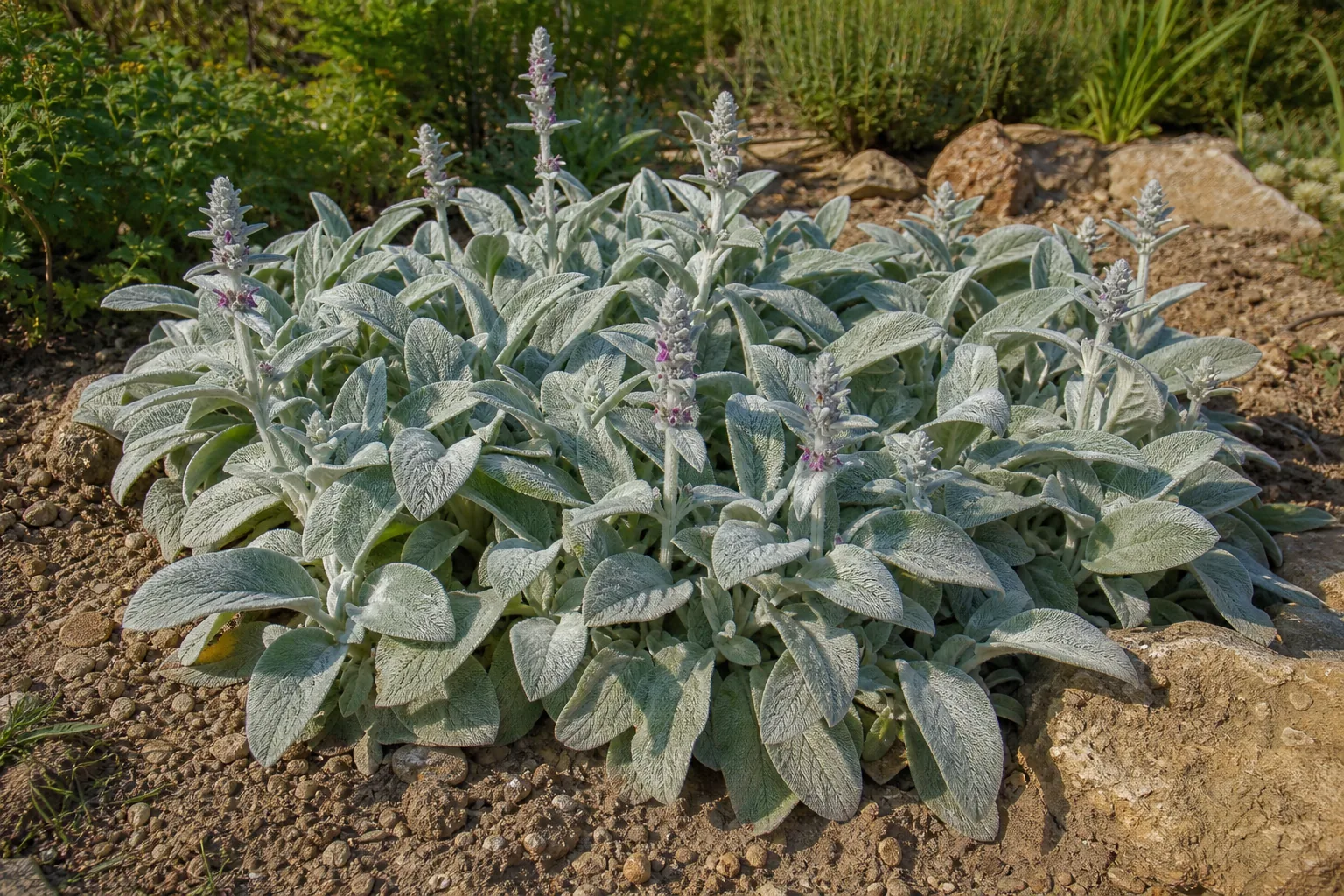 Silver Lamb's Ear foliage spreading across a dry sunny garden bed