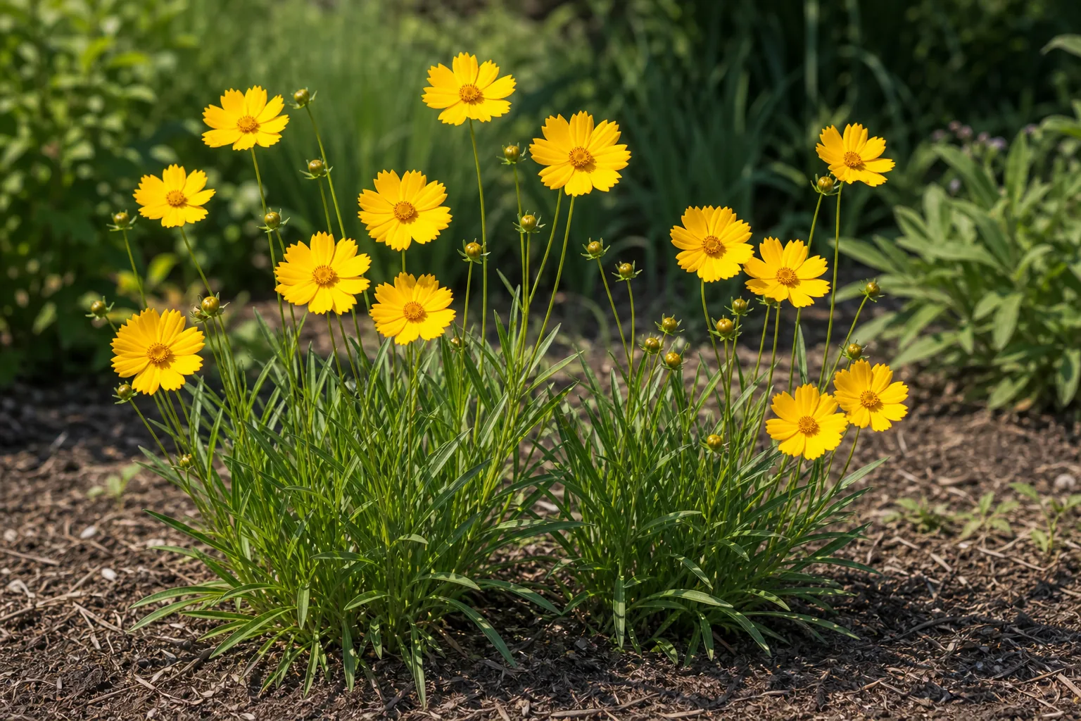 Golden Lanceleaf Coreopsis flowers growing in a sunny natural garden border