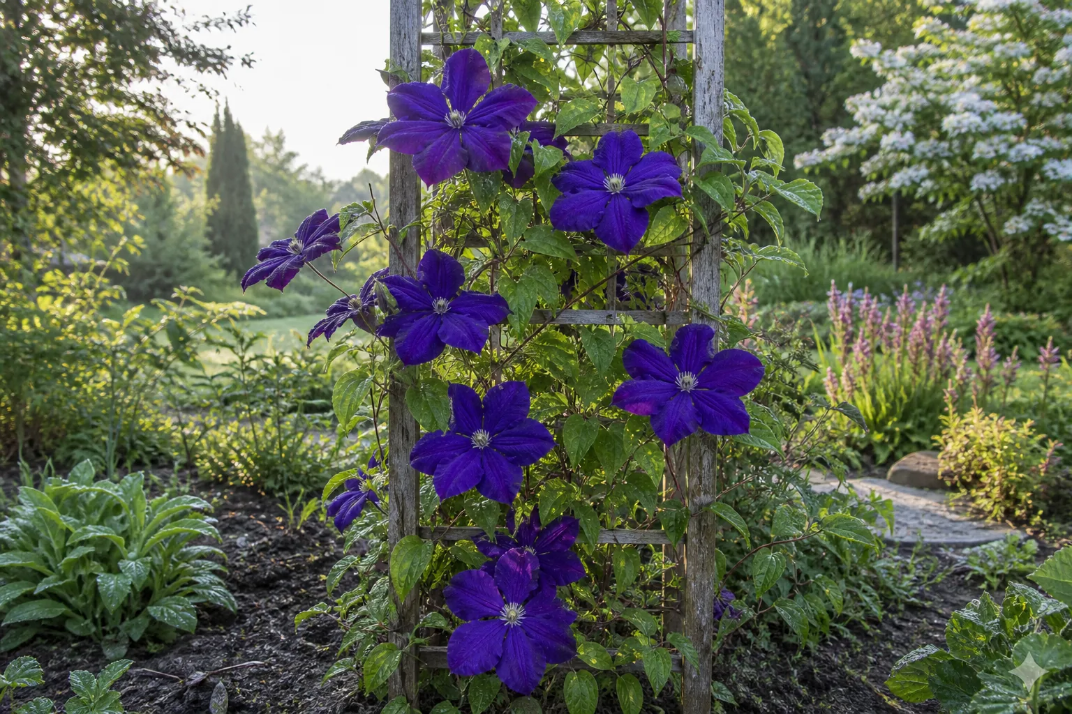 Purple Large-flowered Clematis climbing a garden trellis outdoors