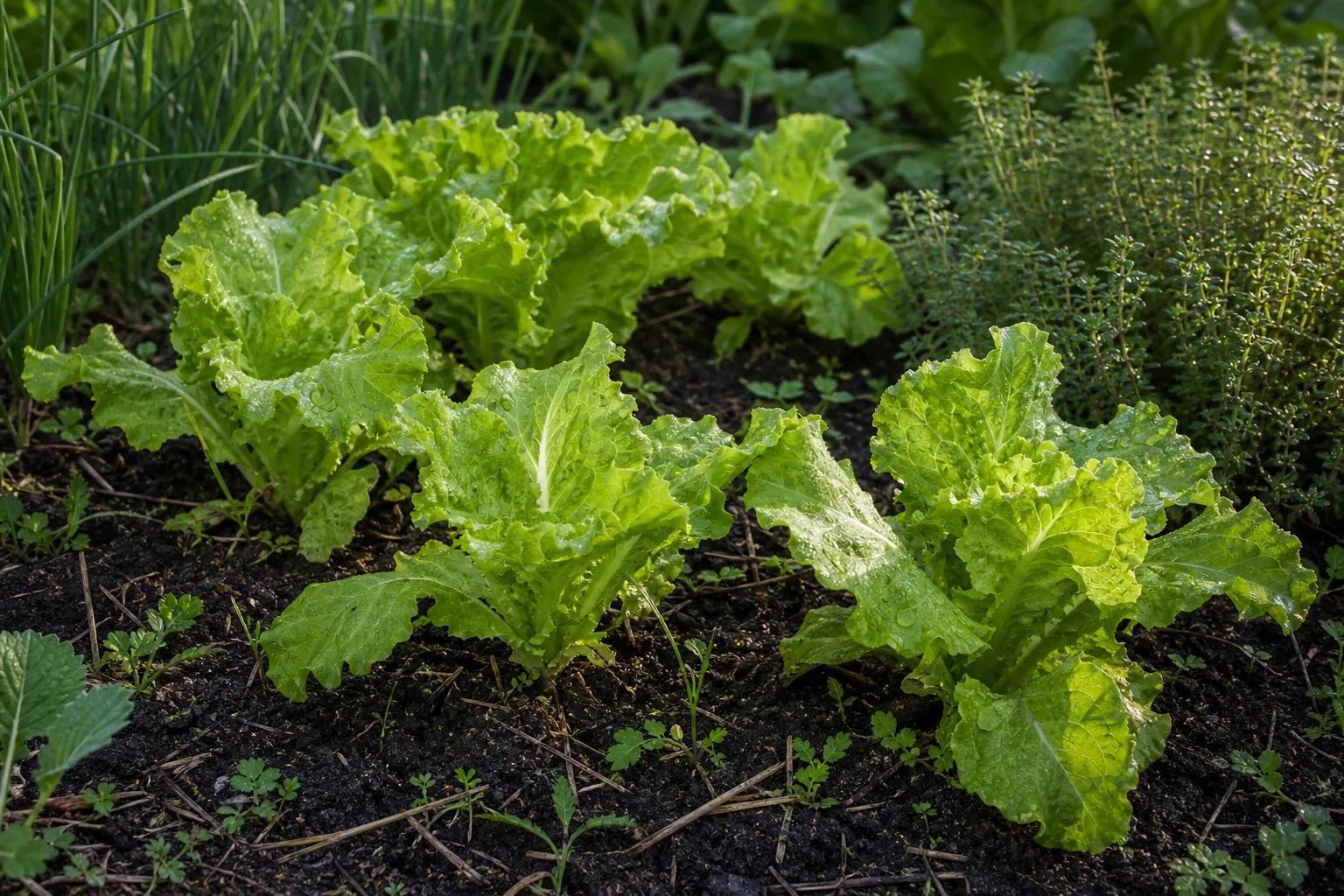 Green Leaf Lettuce growing in a natural kitchen garden bed