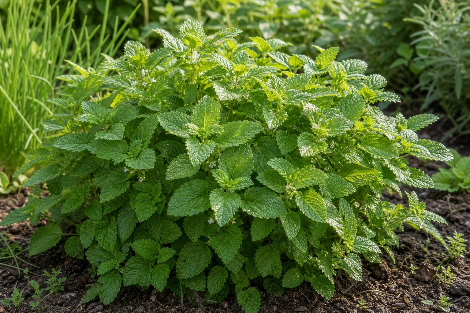 Lemon Balm growing in a sunny natural herb garden bed